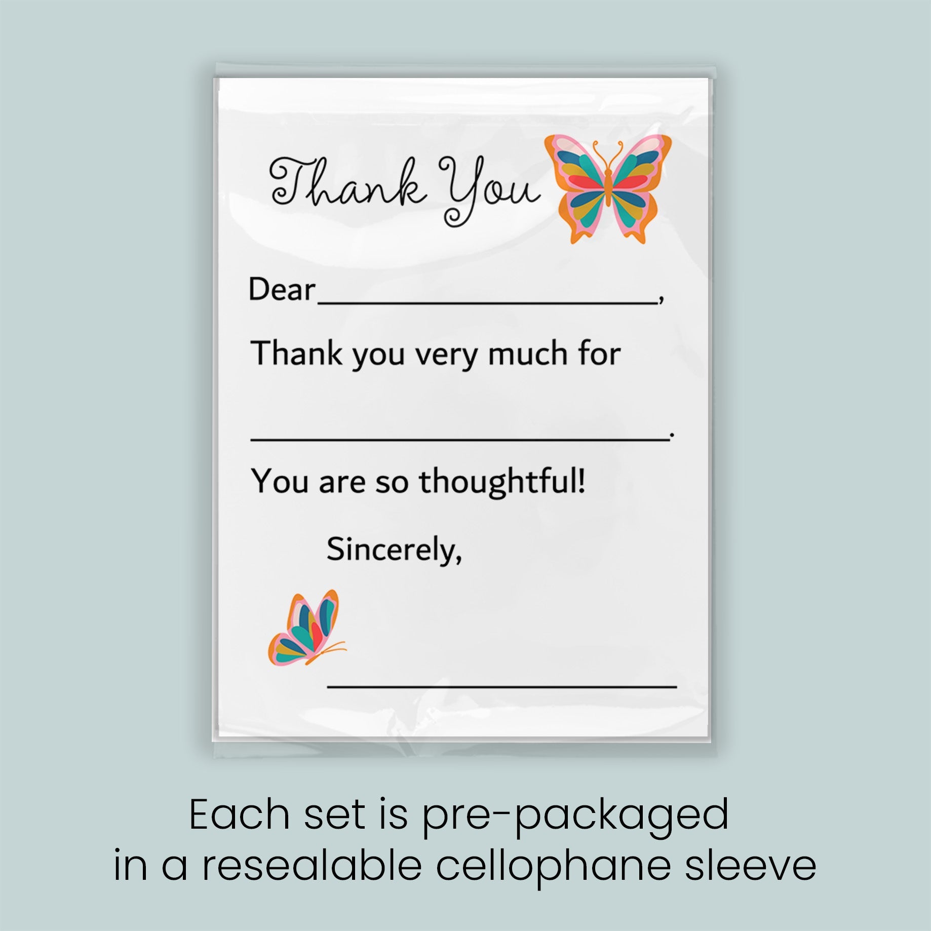 The image is a thank you card with a butterfly design. Each set is pre-packaged in a resealable cellophane sleeve.