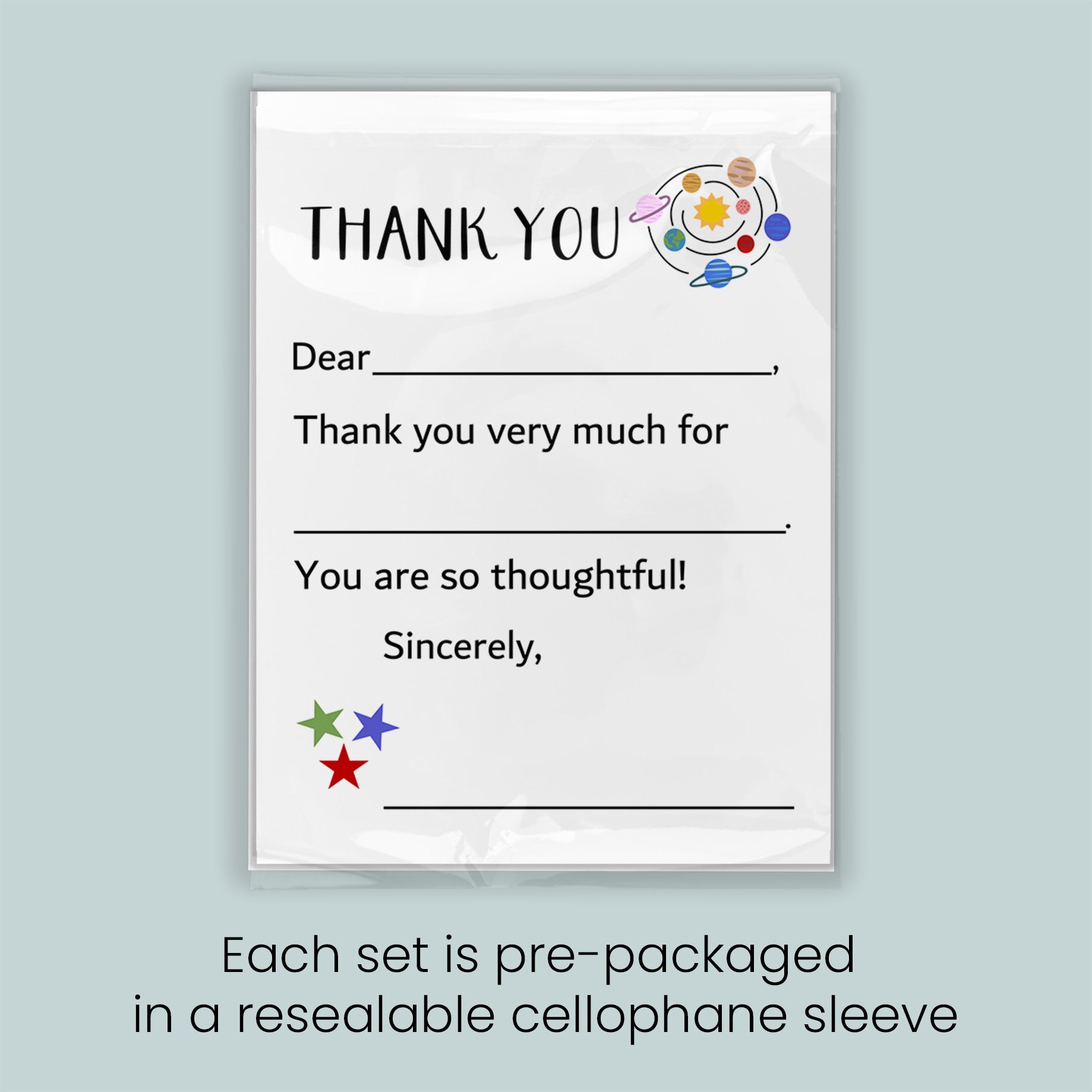 The image is a thank you card with a space-themed design, and each set is pre-packaged in a resealable cellophane sleeve.