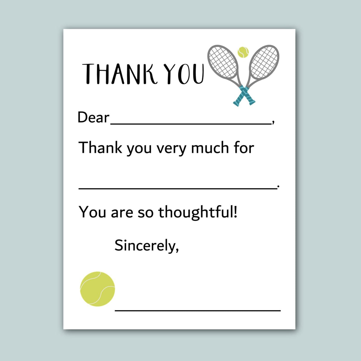 The image is a white card with a tennis racket and ball graphic, and a message expressing gratitude.