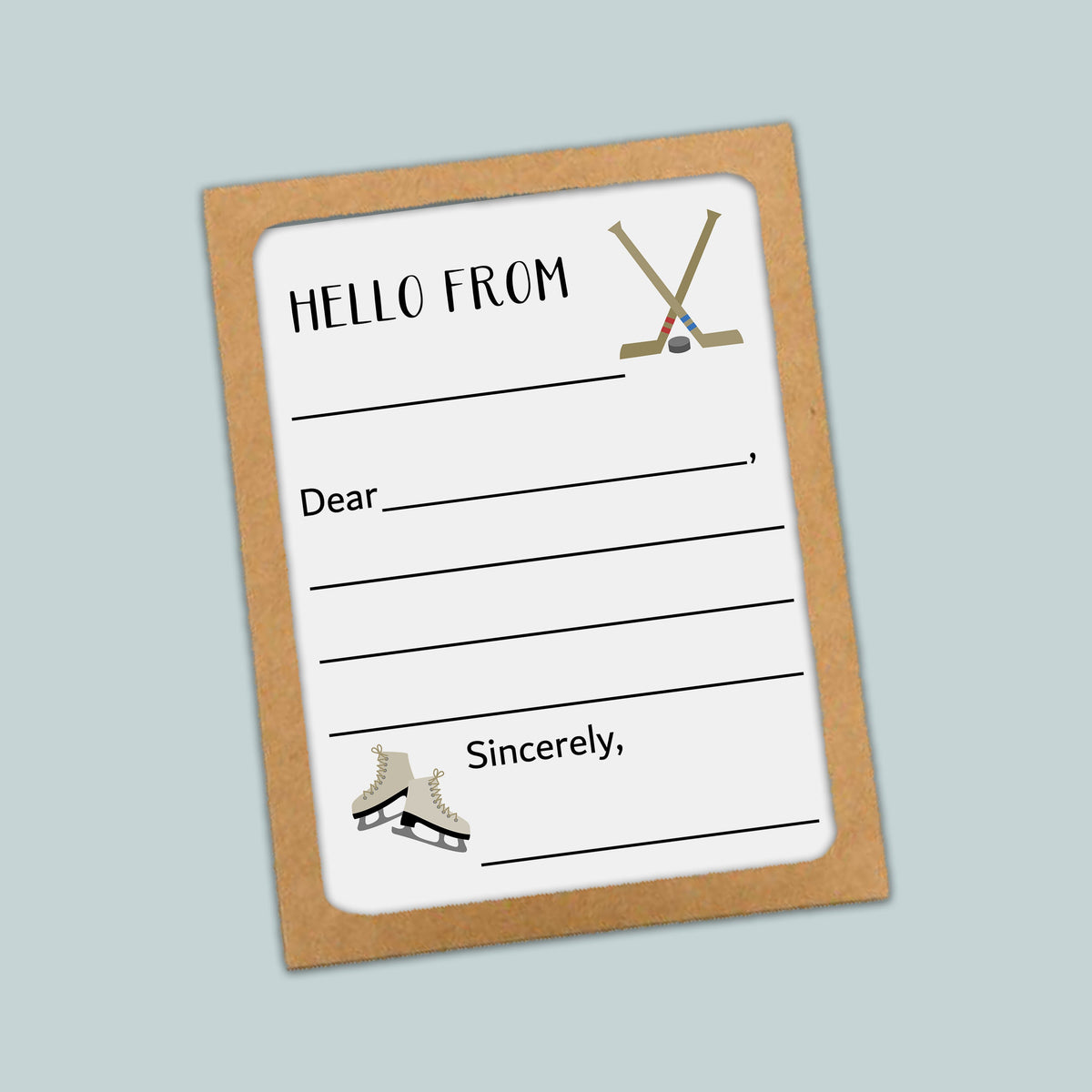 The image is a greeting card with a hockey stick and skates on the front, along with a blank space for a message.