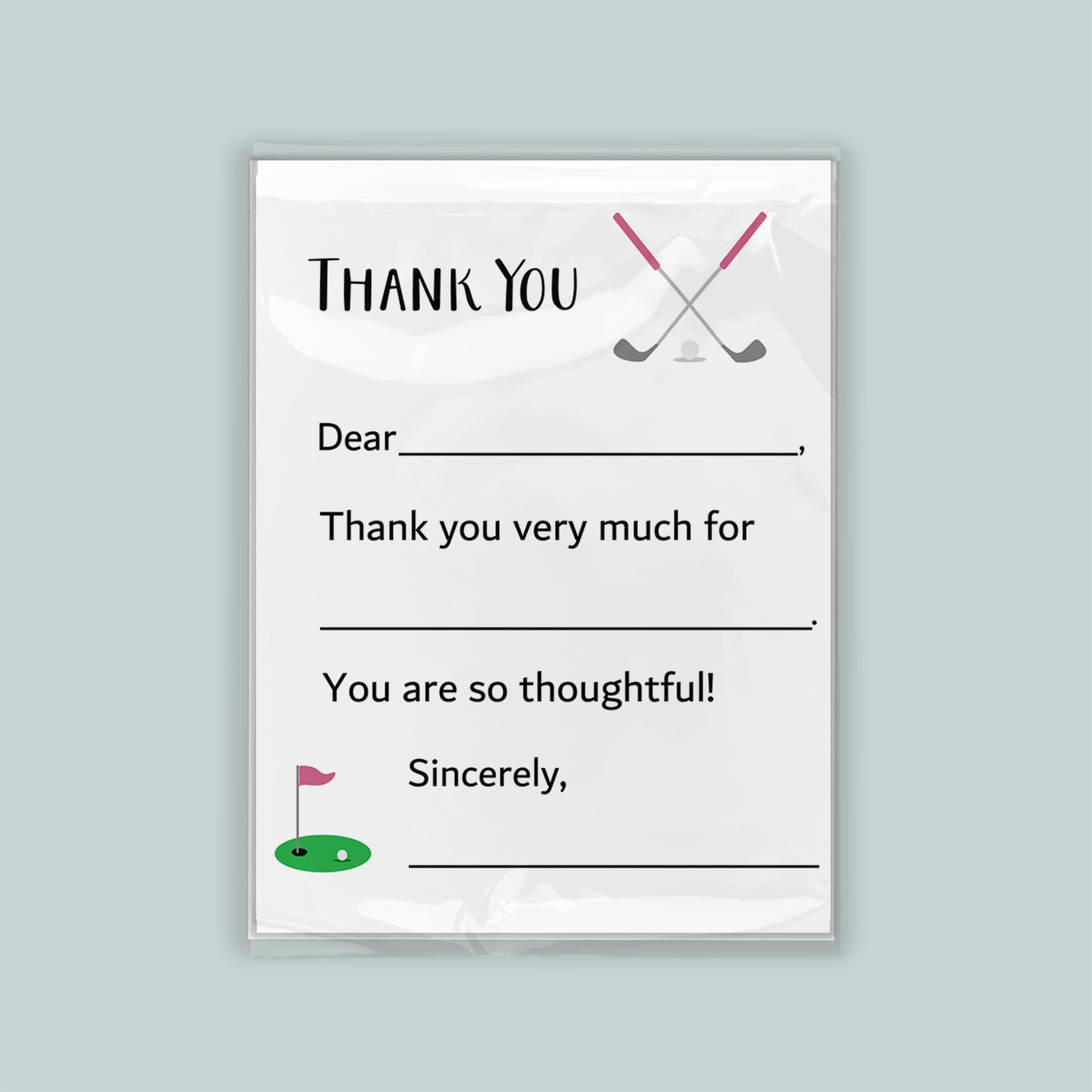 The image is a thank you card with a golf-themed design.