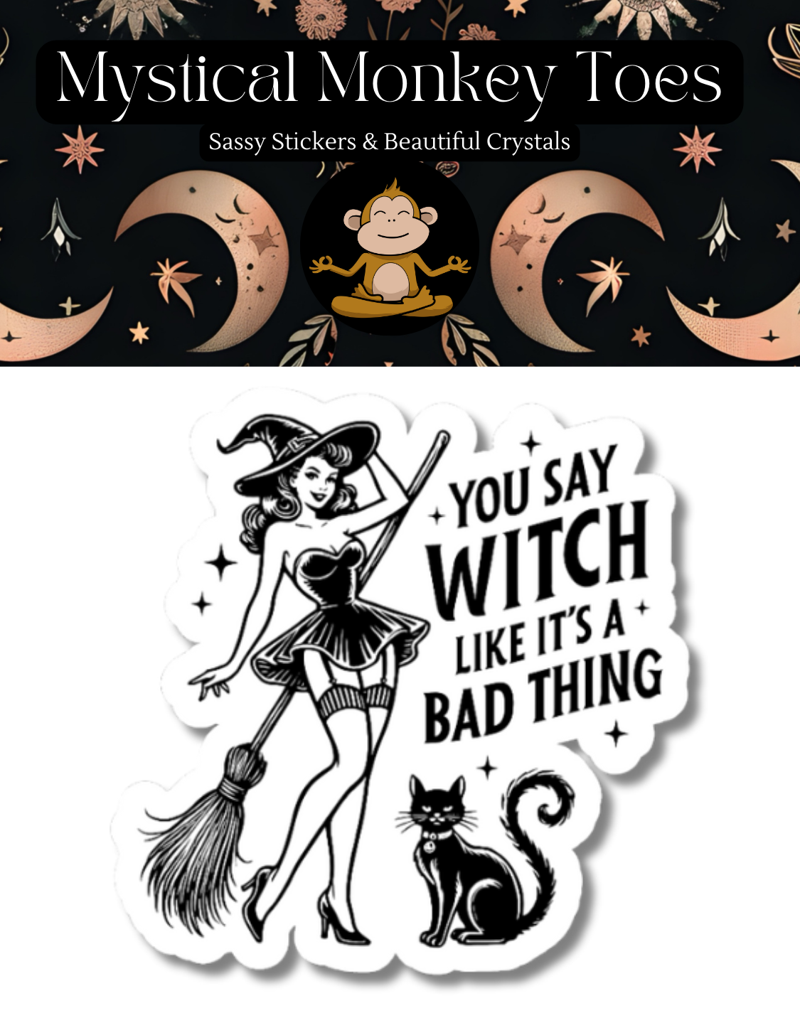 Sticker with witch design and text &