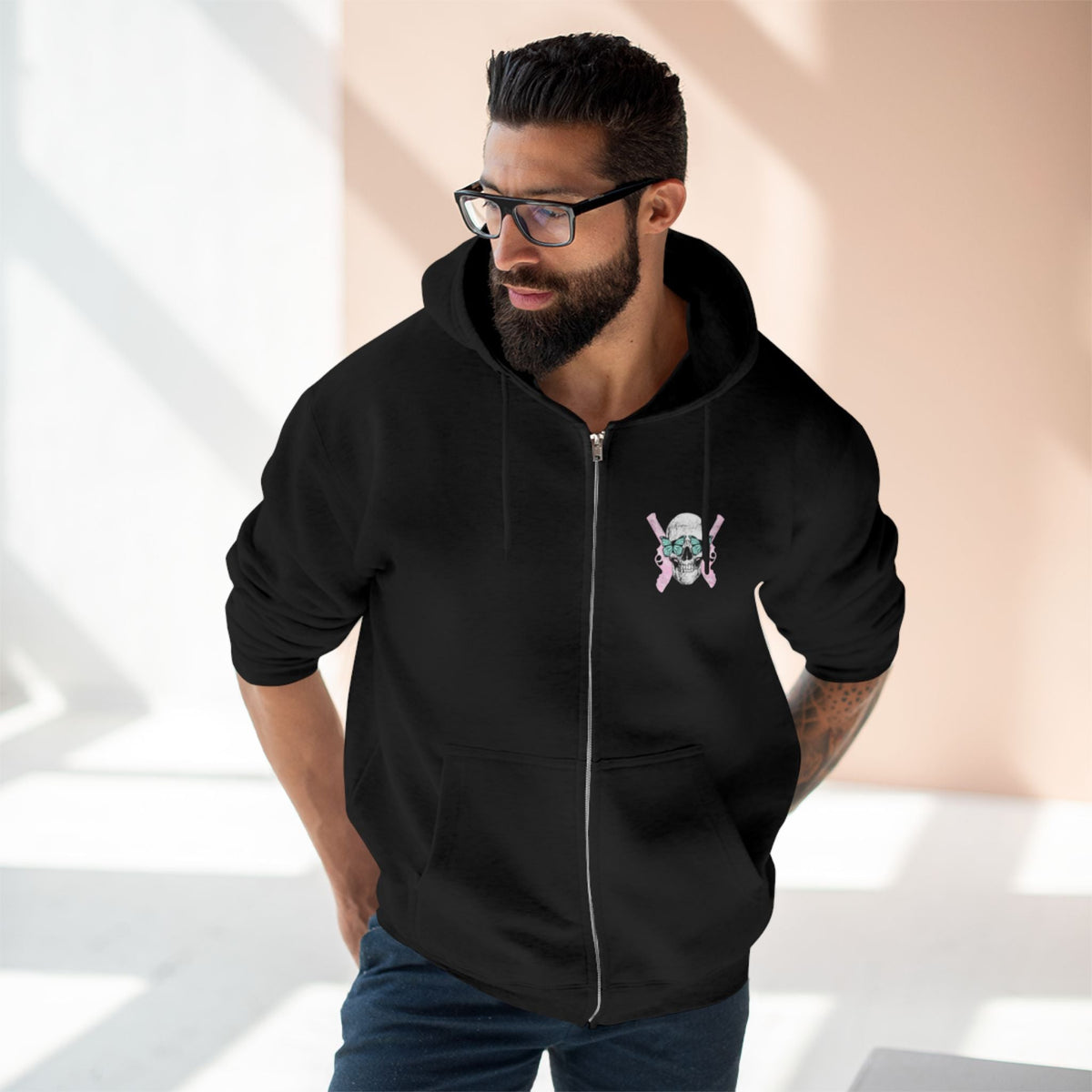 Protect the Dolls Zip Hoodie — Pink Skull & Crossed Guns Trans Rights Hoodie