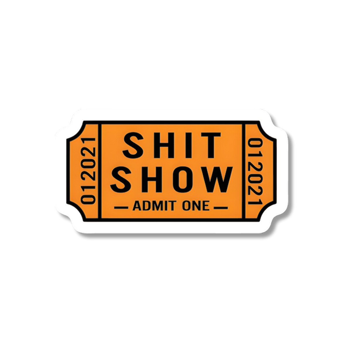 Orange ticket-style sticker with &