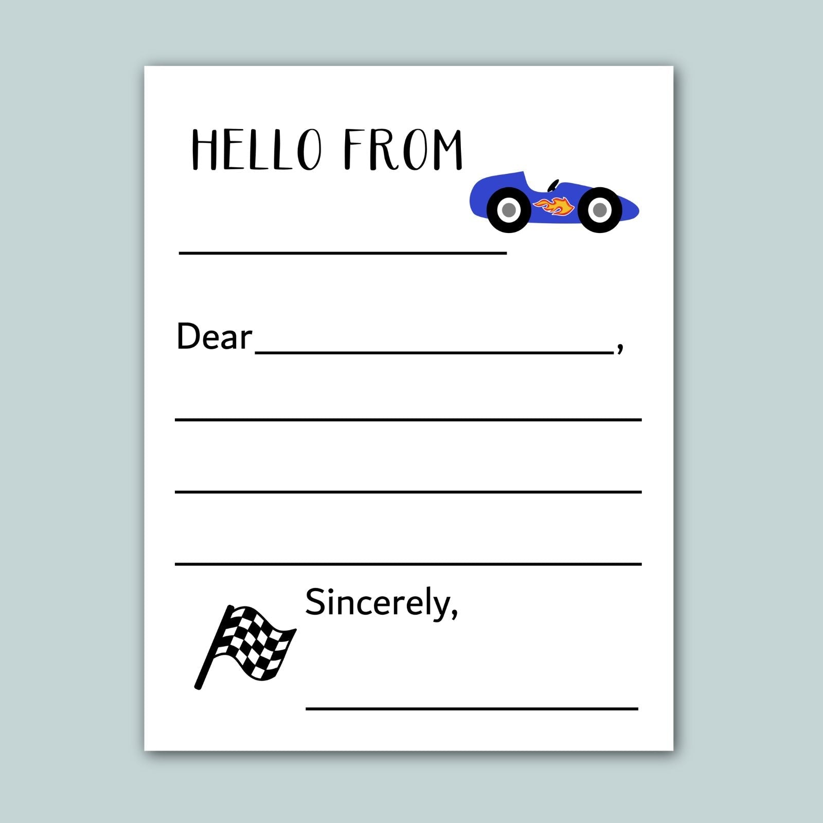 a letter addressed to someone named "Sincerely," with a checkered flag and a race car illustration. The letter appears to be a handwritten note, and the content is not described in detail.