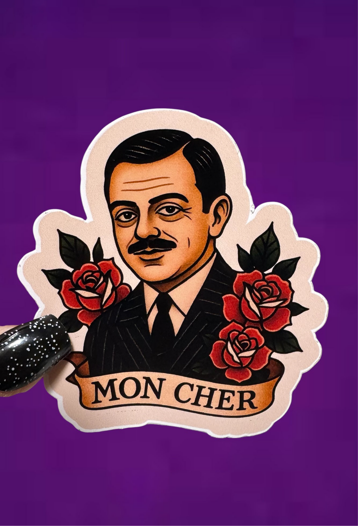 A die-cut sticker featuring a vintage-style portrait of a man in a pinstripe suit with red roses and a banner reading &