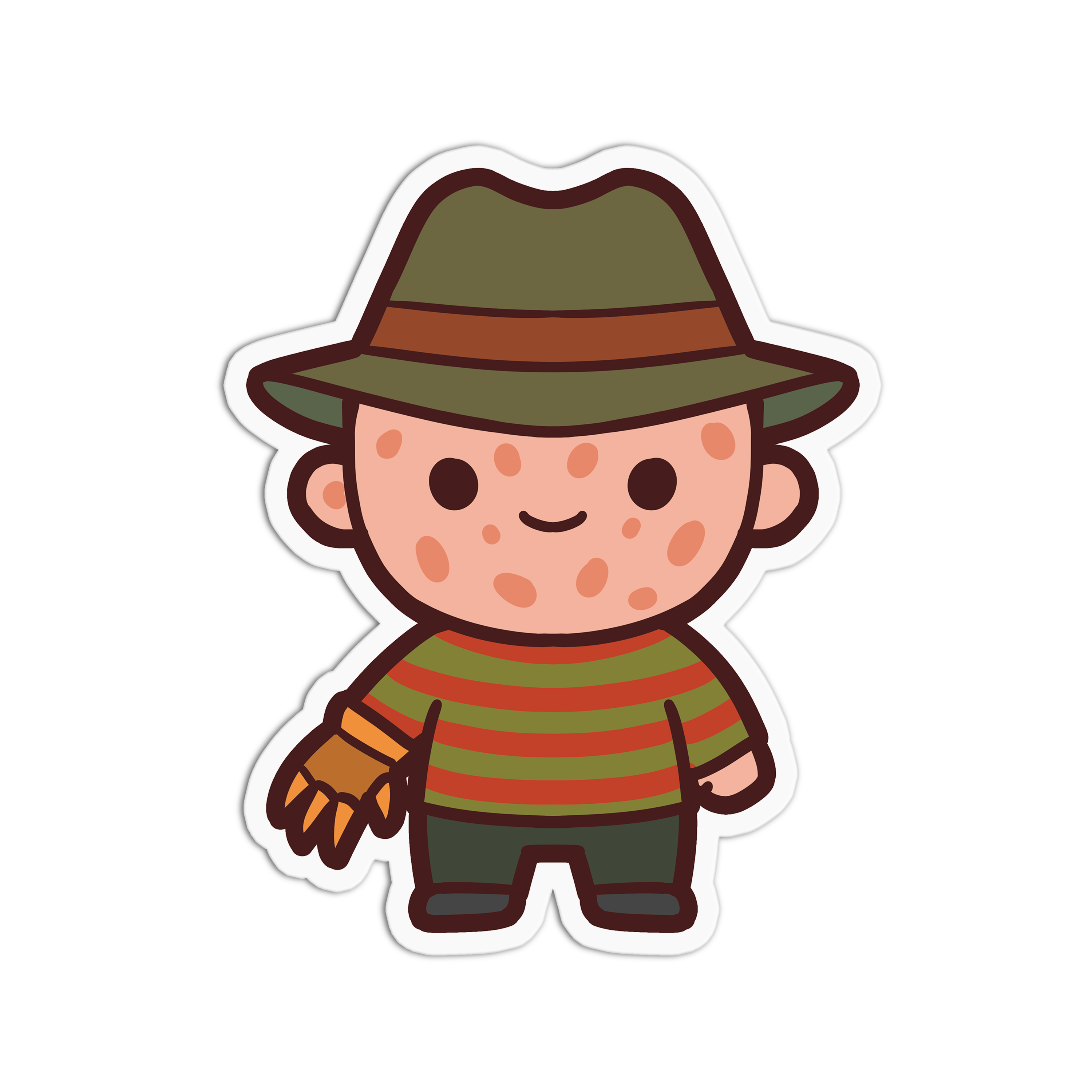 Cartoon character with a green hat and striped shirt on a white background