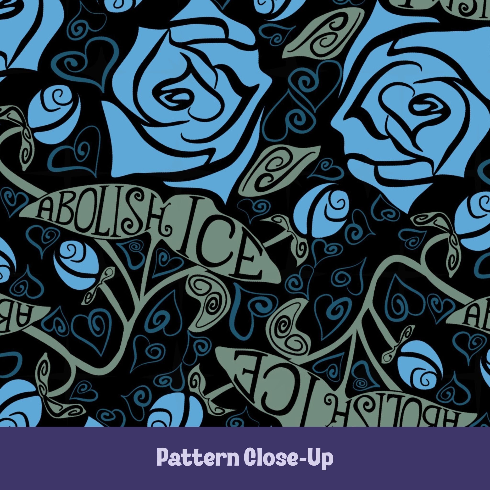 Close-up of Abolish ICE mug pattern showing blue roses and sage-green hand-lettered banners on black ceramic