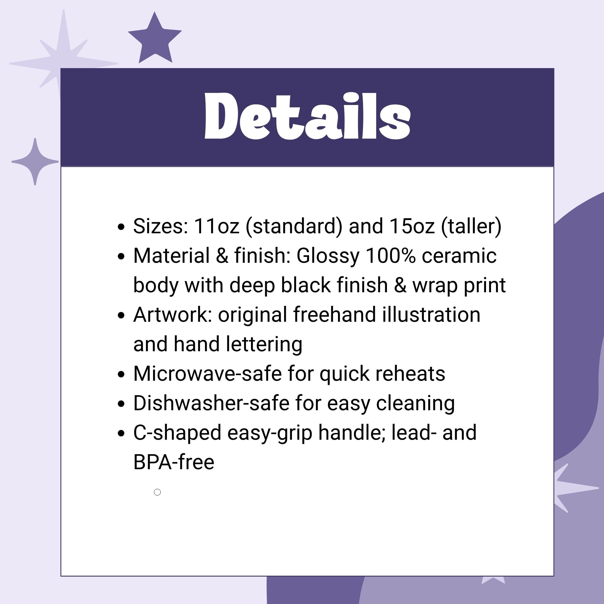 Product details card for Abolish ICE mug showing sizes, ceramic material, microwave and dishwasher safe