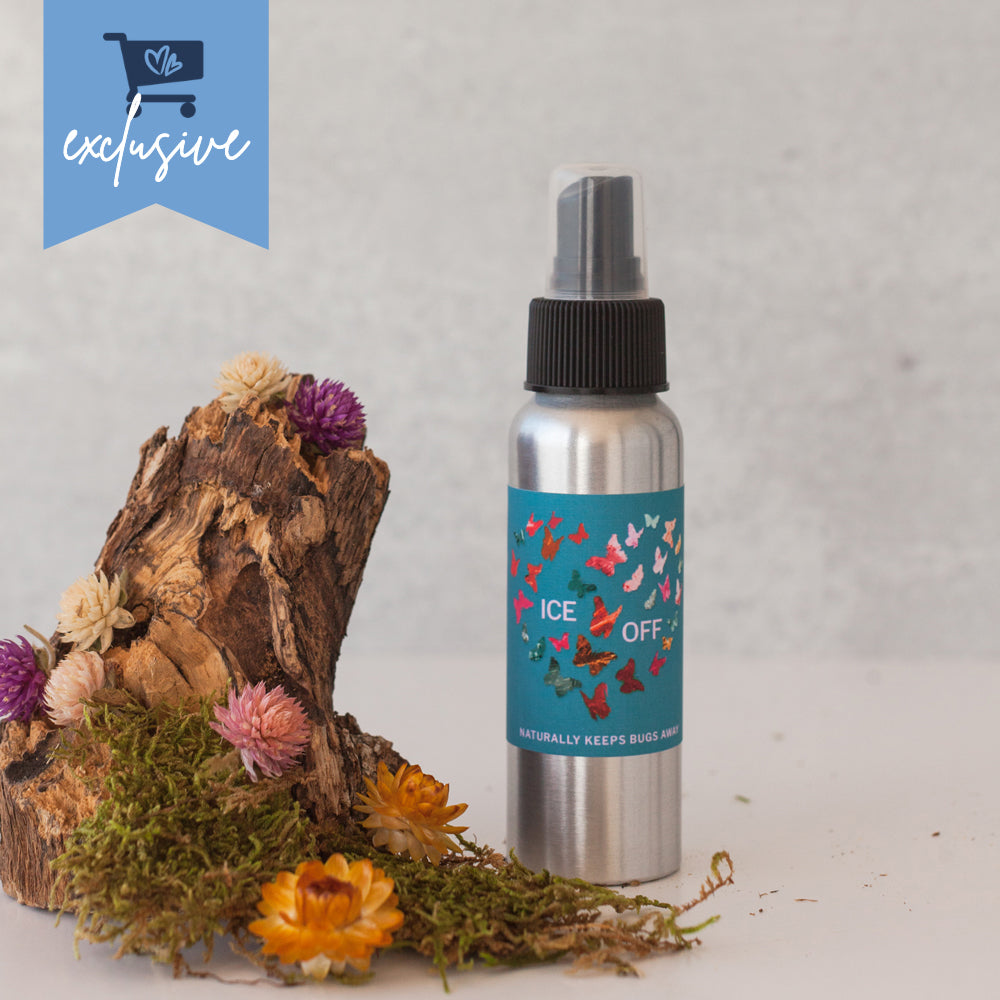 ICE Off natural bug off lotion spray in reusable aluminum bottle — DEET-free essential oil bug spray, woman-owned, immigrant-made, activist gift, family safe, no synthetic fragrance, handmade in California, exclusive to Little Blue Market