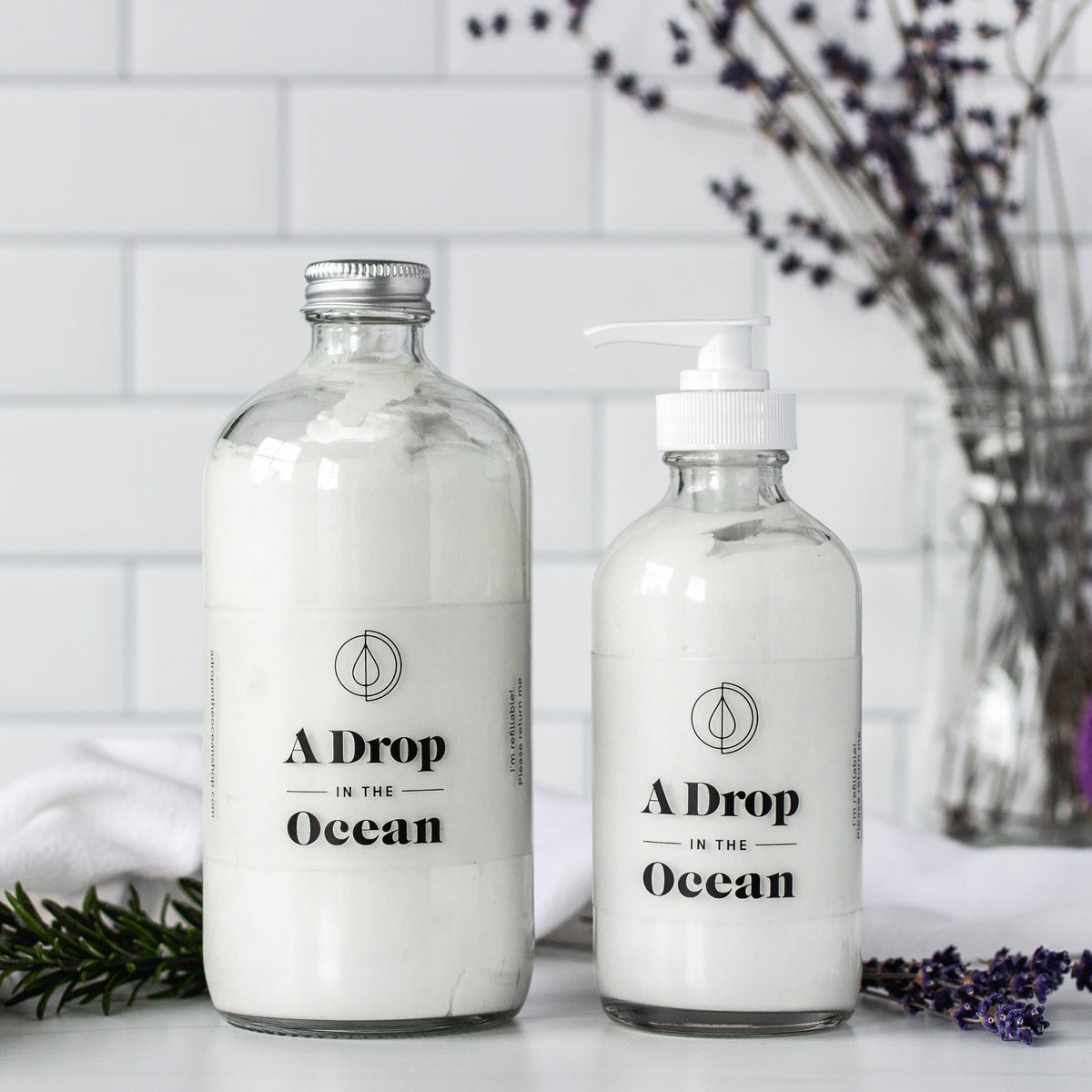 Refillable Body Lotion - Lavender Rosemary scent - Bottle Size Comparison