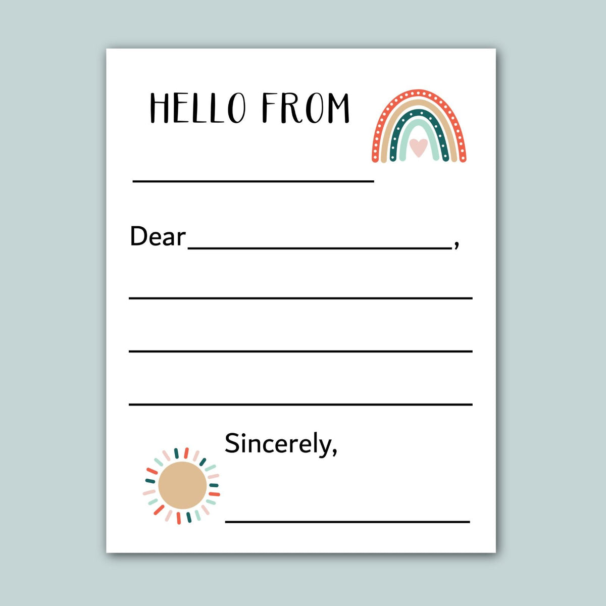 The image is a blank letterhead with a rainbow graphic and a sun graphic. The letterhead has a blank space for the recipient&