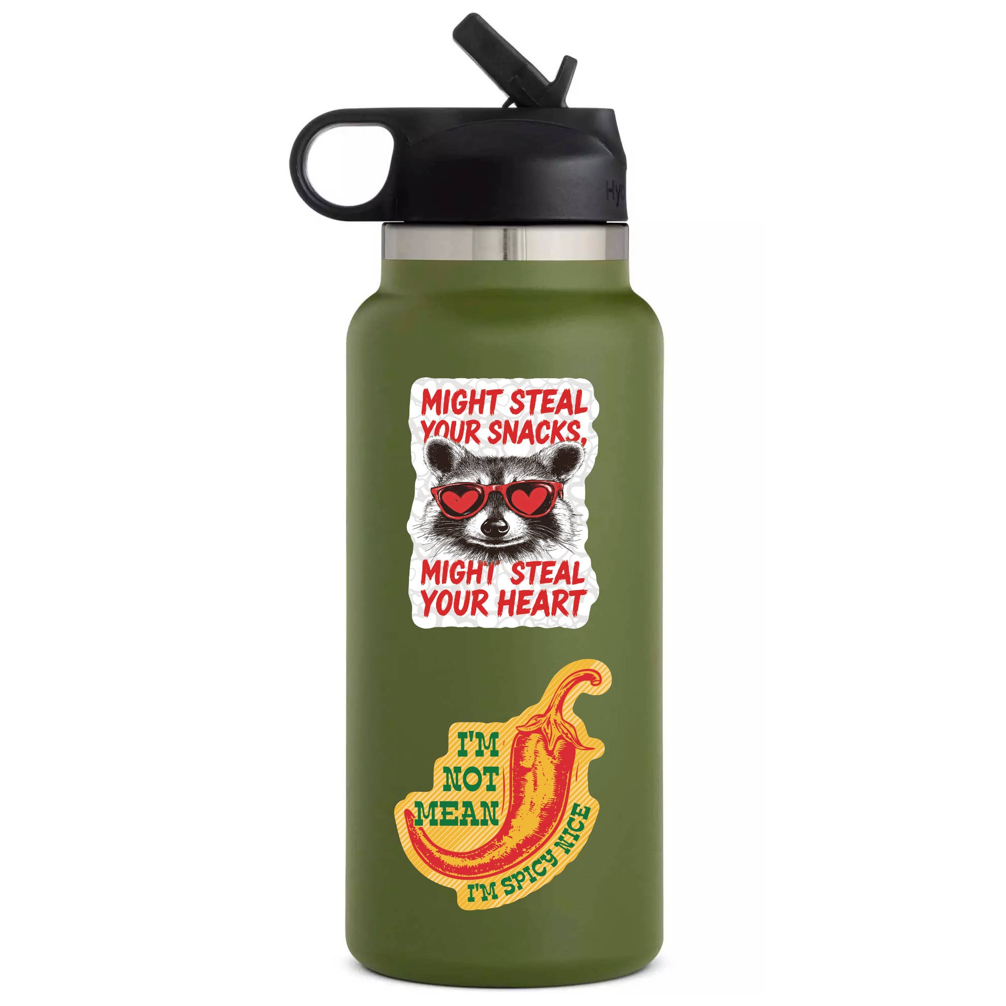 Green water bottle with a raccoon and chili design on a white background