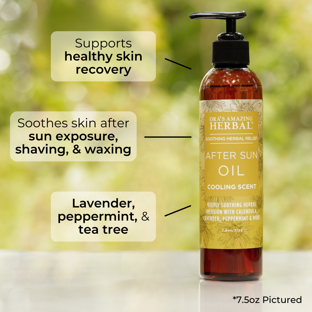 Herbal after sun oil bottle with text highlighting benefits on a natural background