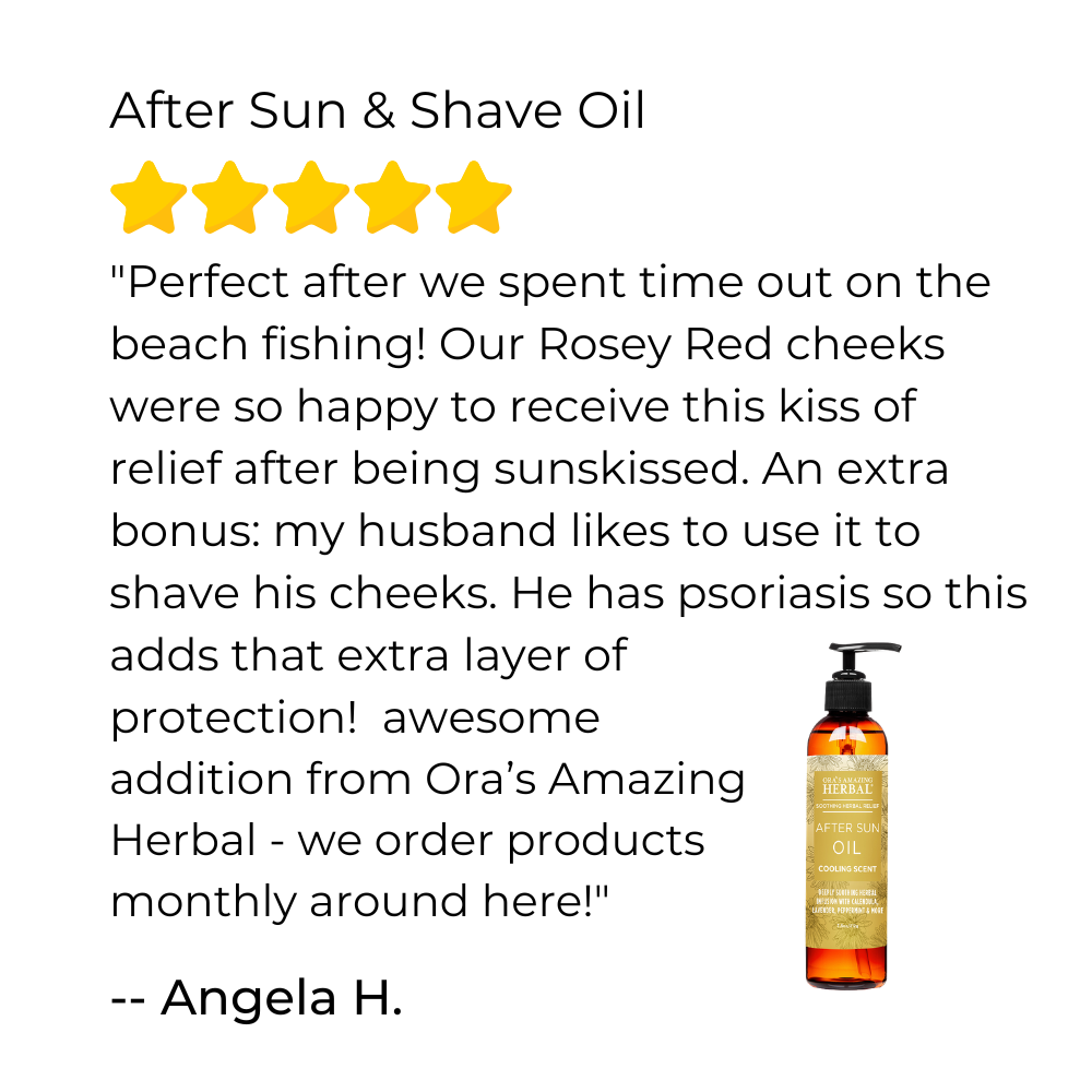 Product review for after sun and shave oil with a bottle image and star rating.