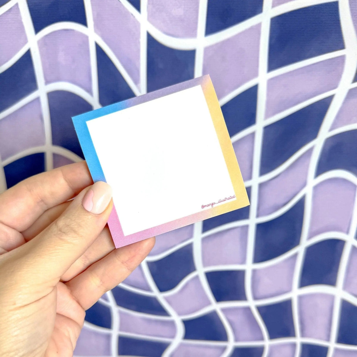 Afterglow sticky notes in use — 3 inch square sticky note with a handwritten list by indie artist MangoIllustrated