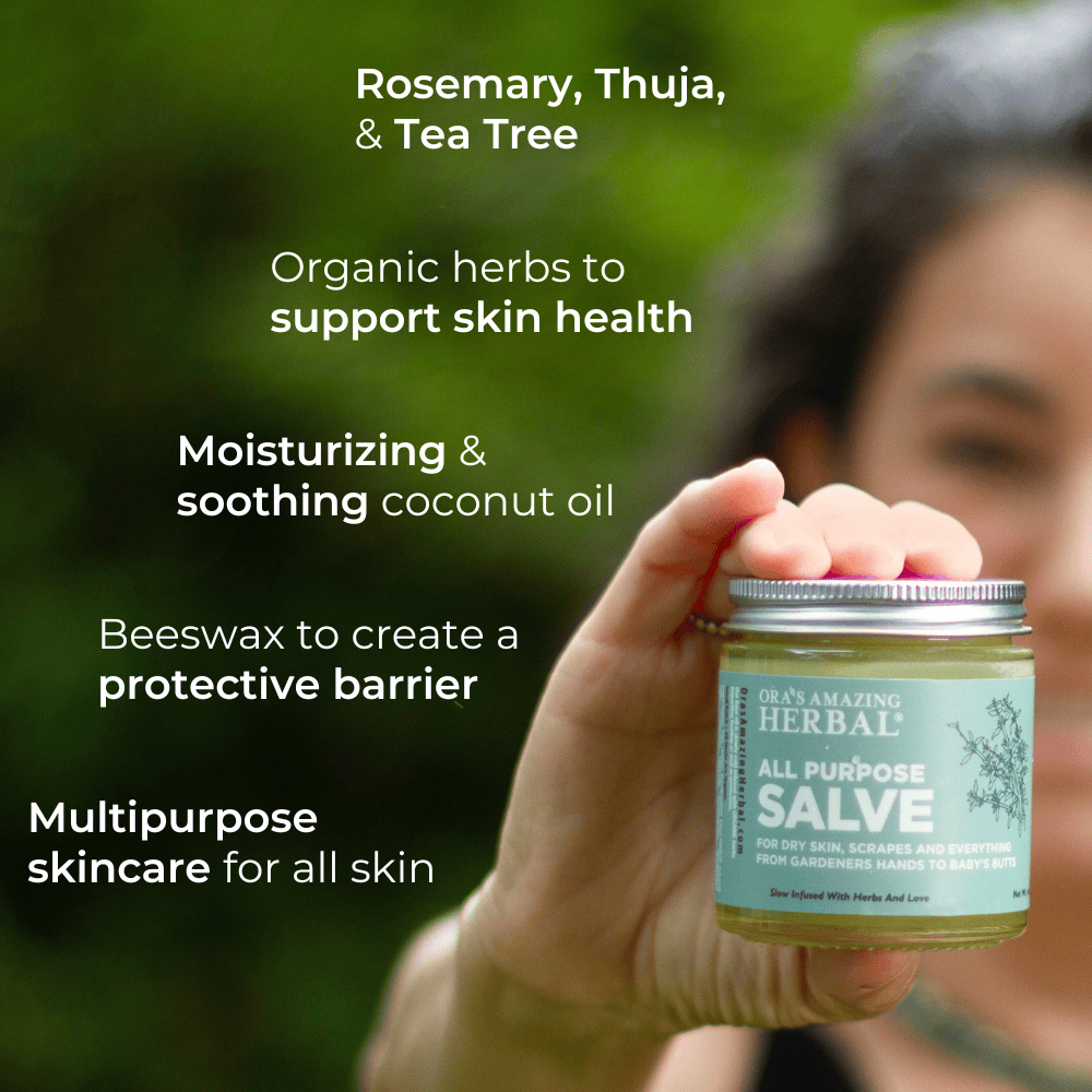 All Purpose Salve 4oz Lifestyle Outdoor Ora Benefits Infographic