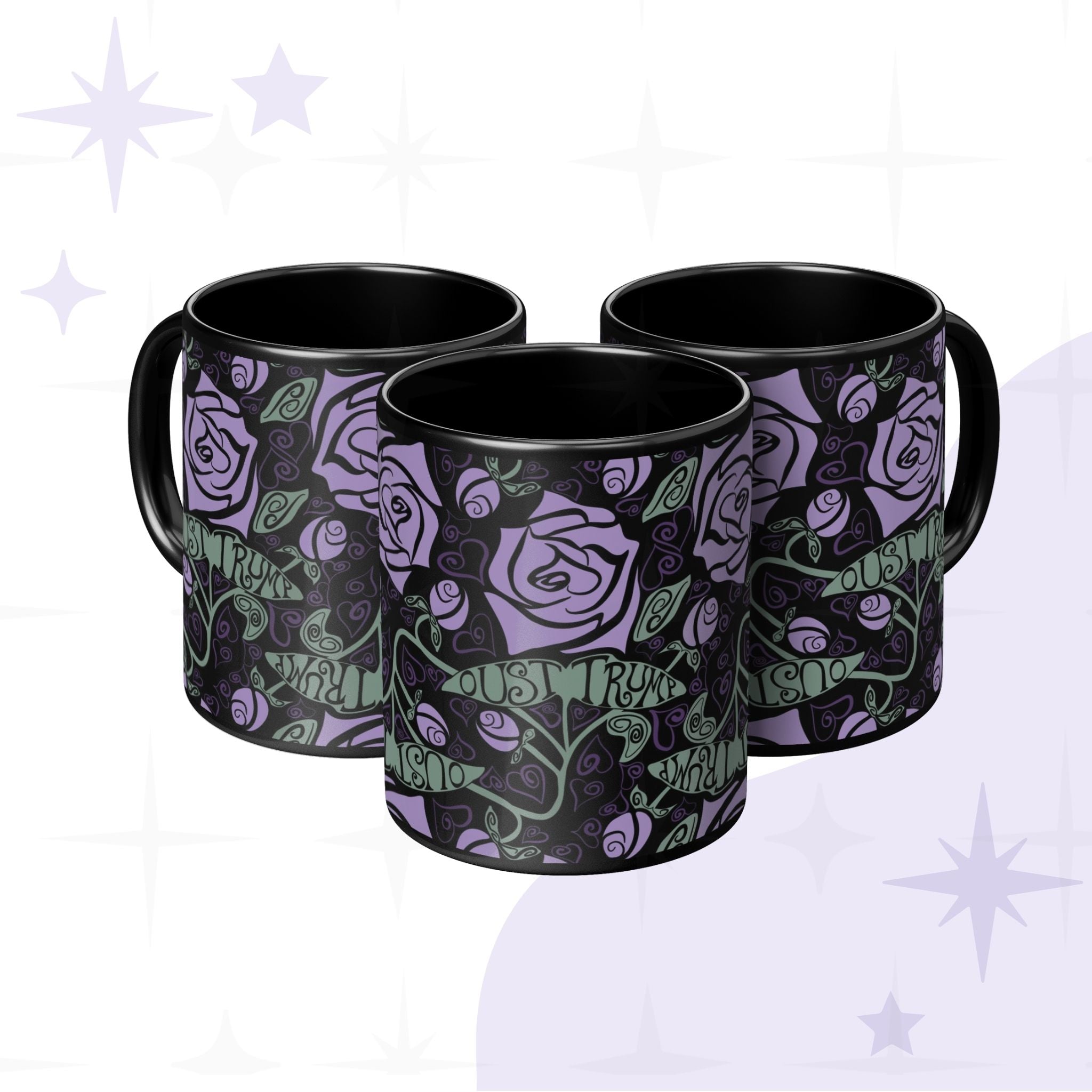 Three black ceramic anti-Trump mugs with Art Nouveau lavender rose and hidden message design grouped together