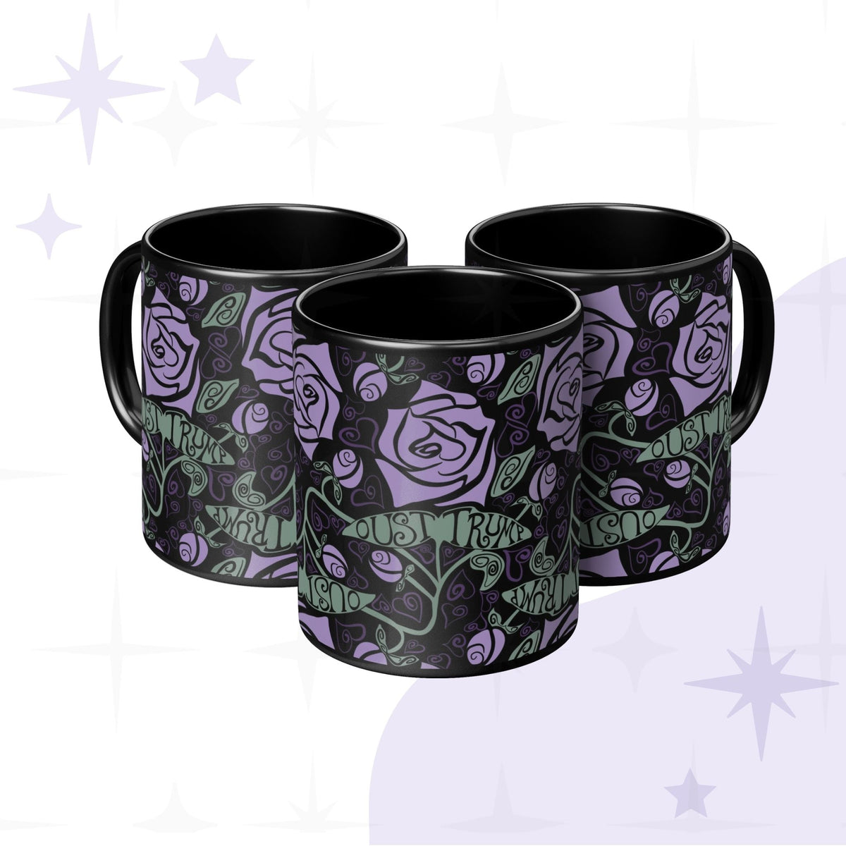 Three black ceramic anti-Trump mugs with Art Nouveau lavender rose and hidden message design grouped together