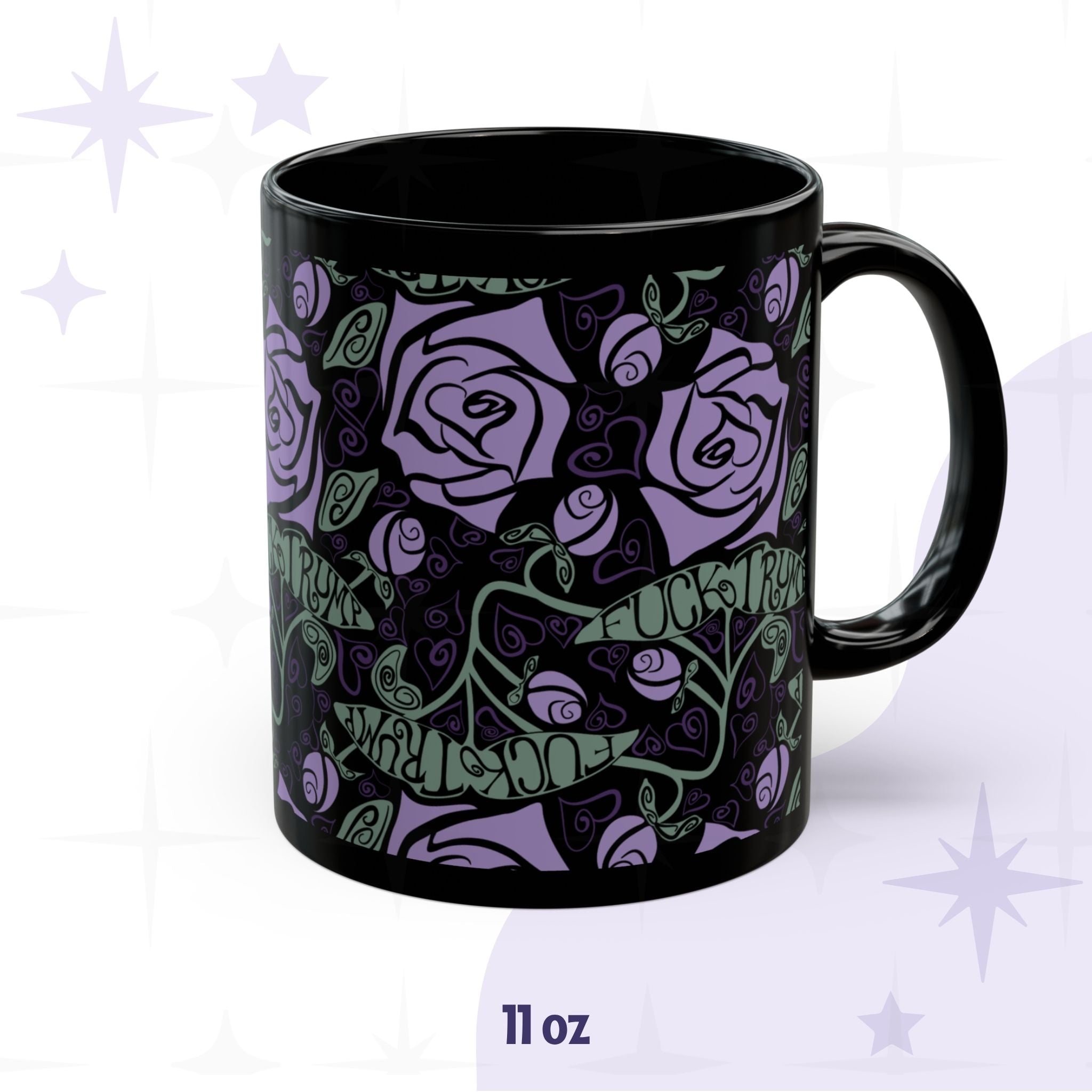 11 oz anti-Trump hidden message mug with dark botanical floral wrap print on black ceramic