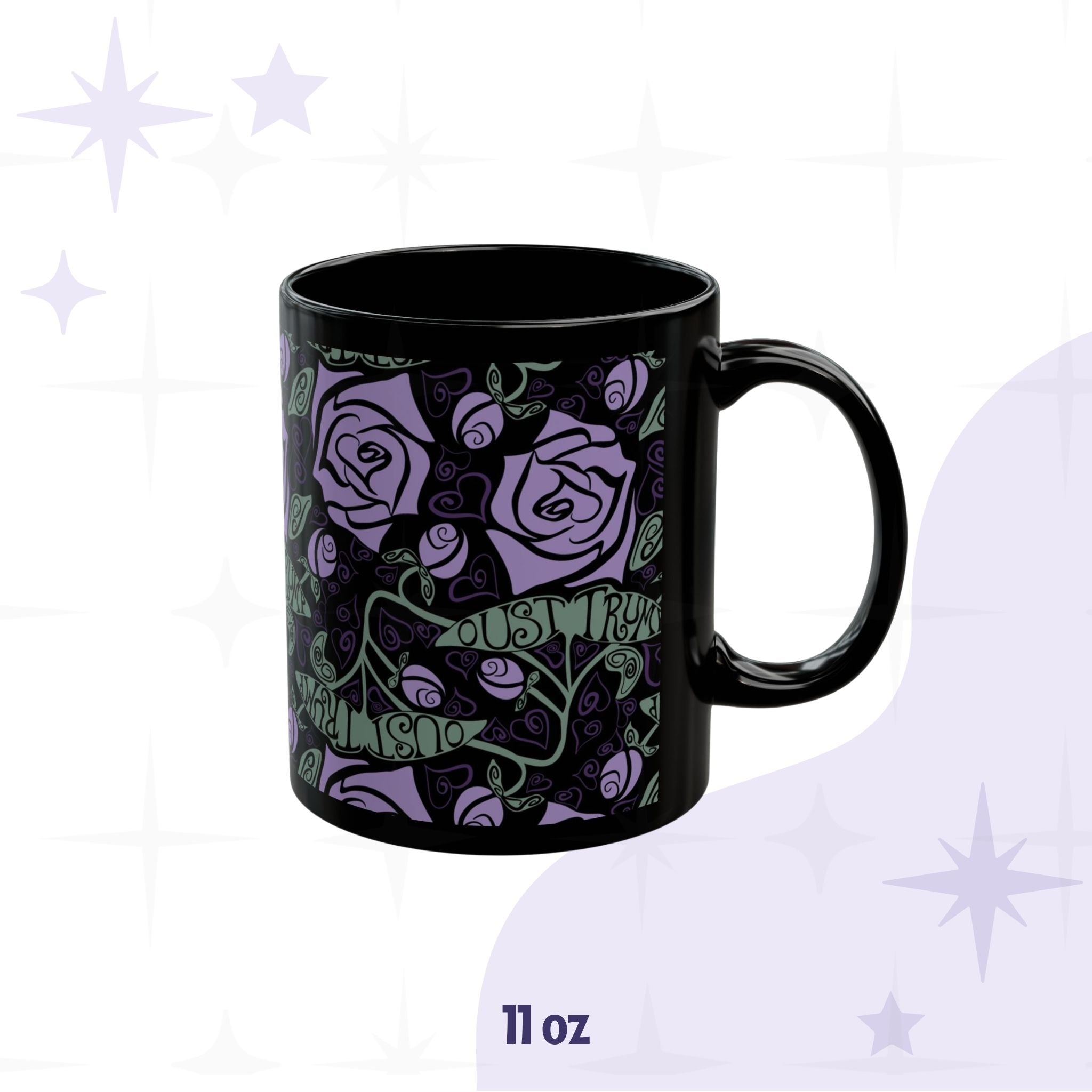 11 oz anti-Trump hidden message mug with dark botanical floral wrap print on black ceramic