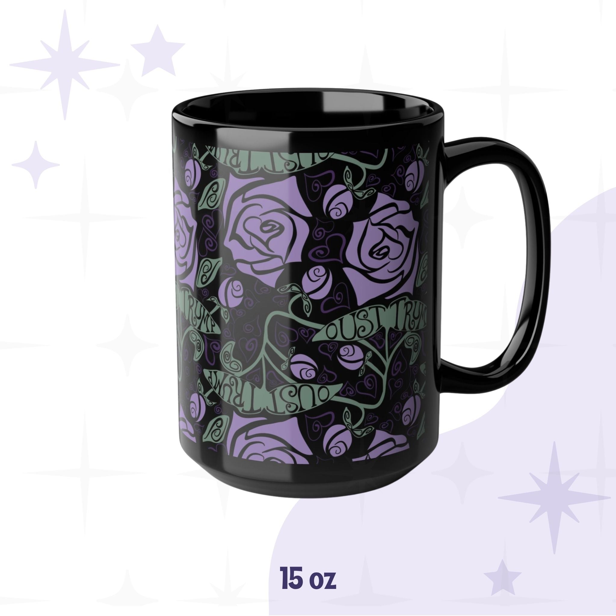 15 oz anti-Trump hidden message mug with dark botanical floral wrap print on black ceramic