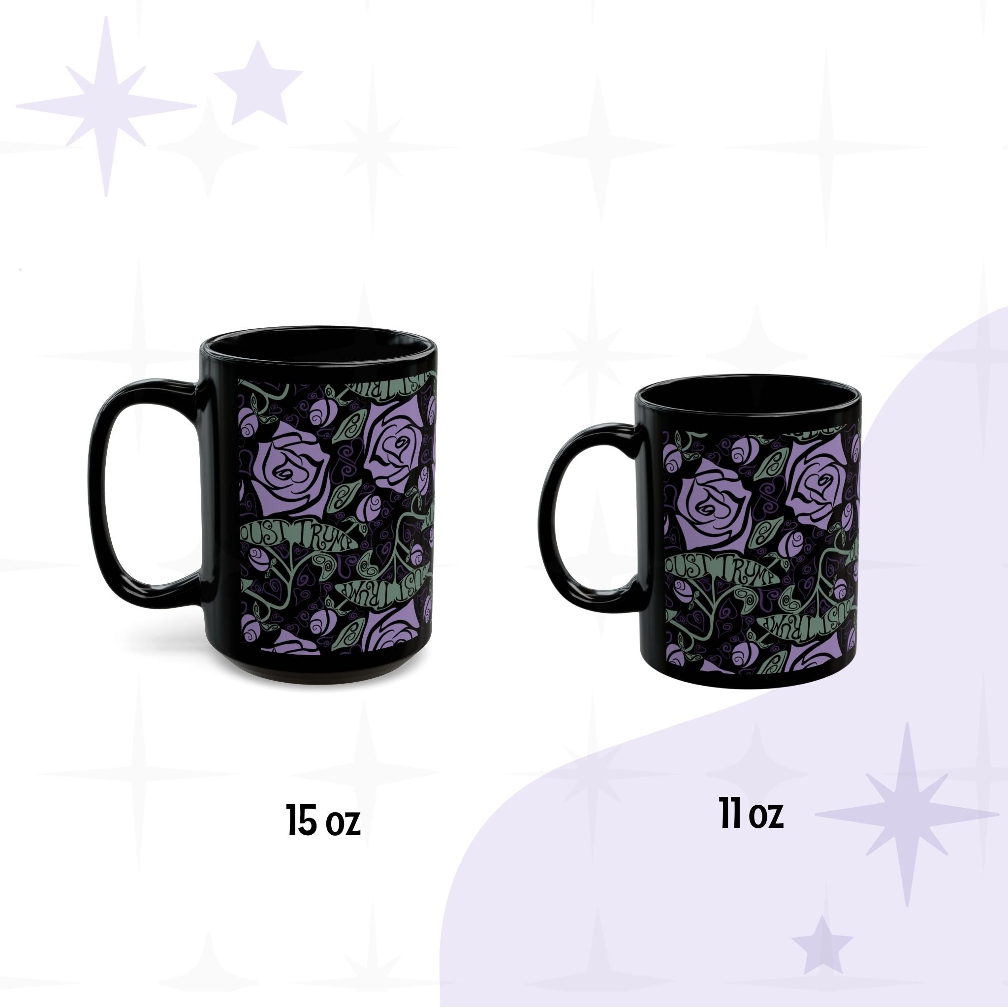 Side-by-side size comparison of 15 oz and 11 oz anti-Trump floral gothic black ceramic coffee mugs