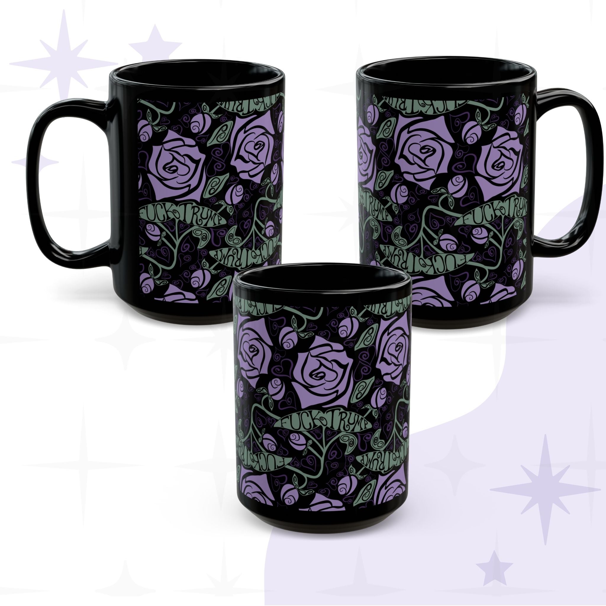 Fuck Trump hidden message coffee mug with lavender rose gothic botanical wrap print on black ceramic, all three angles shown