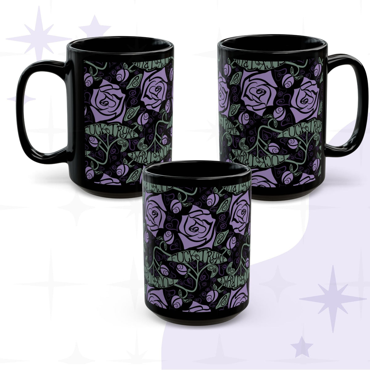 Fuck Trump hidden message coffee mug with lavender rose gothic botanical wrap print on black ceramic, all three angles shown