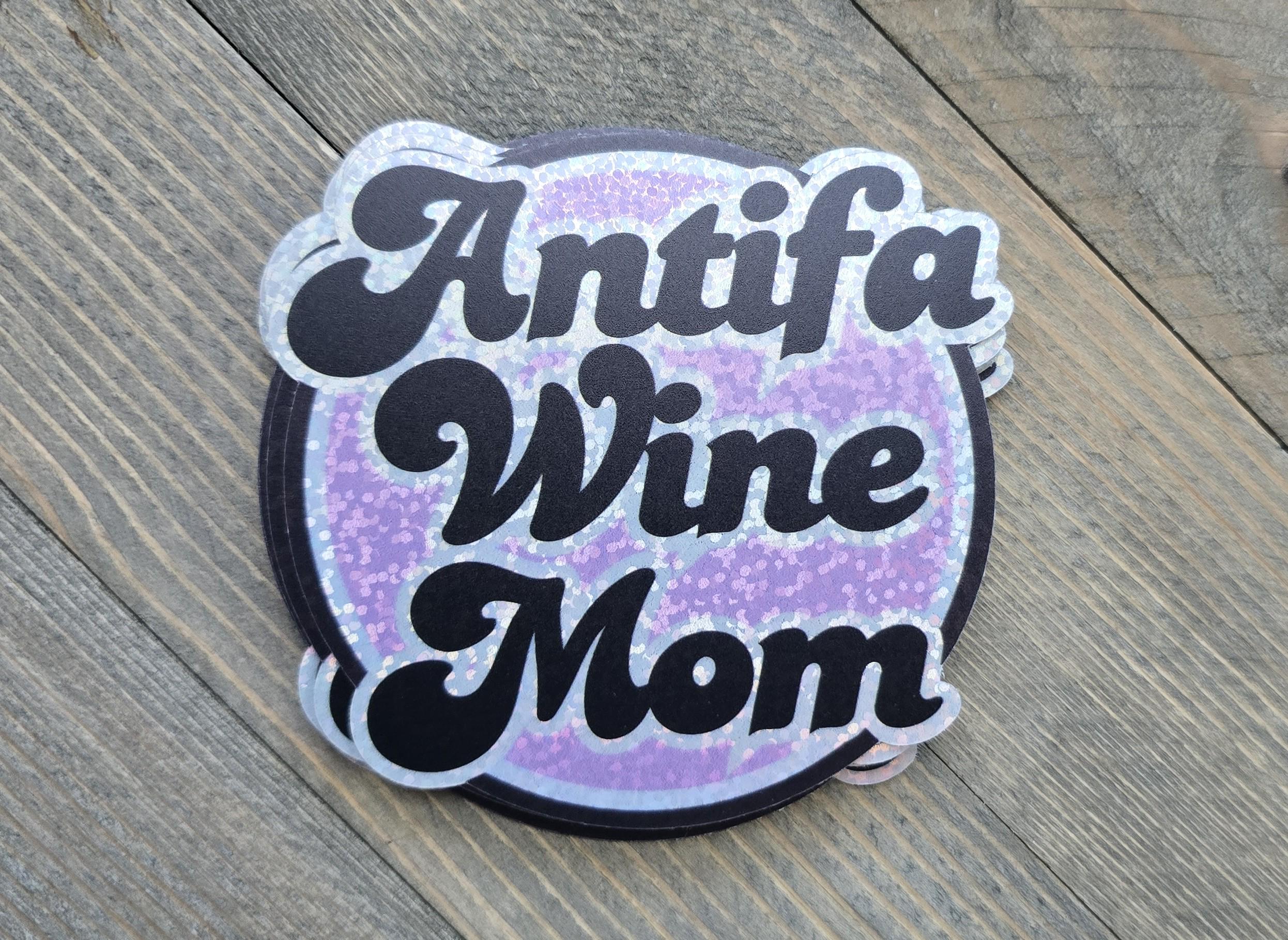 Antifa Wine Mom, Retro Style, 3" x 3" Die Cut, Glitter Sticker, Political, Antifascist, Activist, Vinyl Sticker
