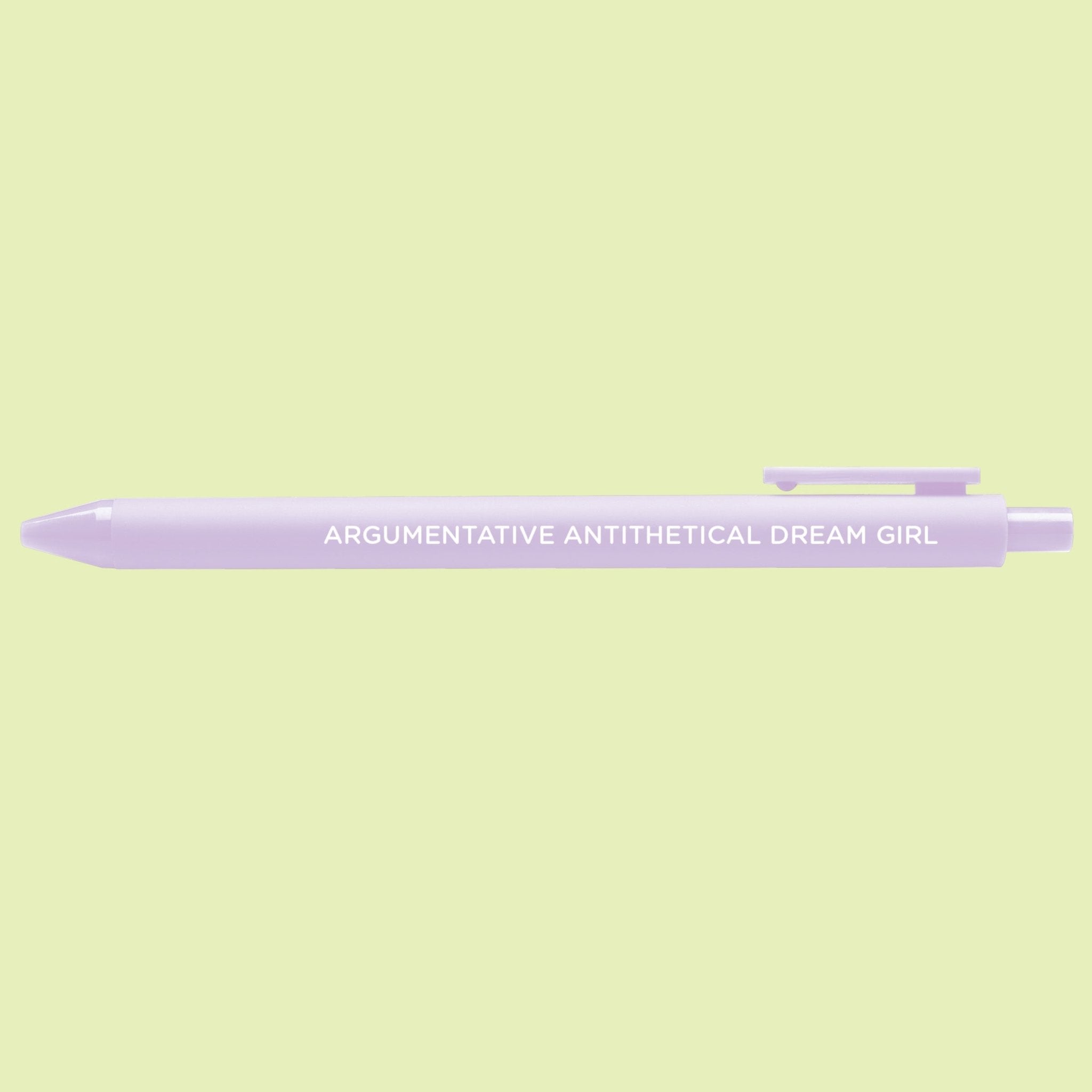 Argumentative Antithetical Dream Girl pen close-up — jotter gel pen by indie artist MangoIllustrated