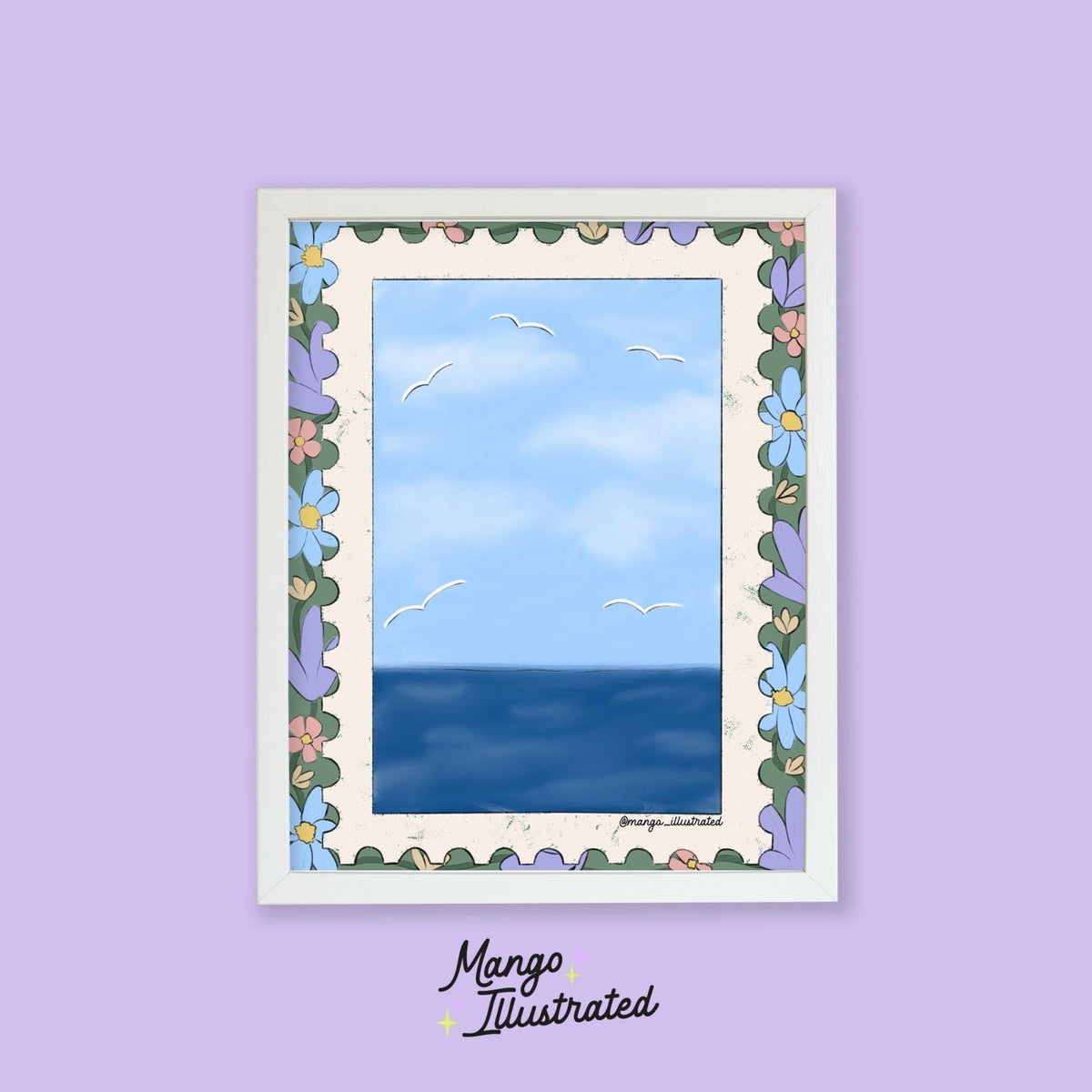 August Salt Air fine art print — illustrated ocean view inside a stamp frame surrounded by florals, 8 x 10 in, by MangoIllustrated