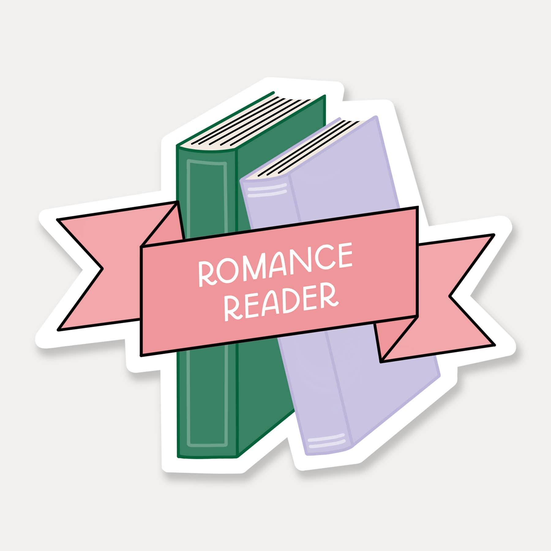 Sticker with books and a pink banner labeled &