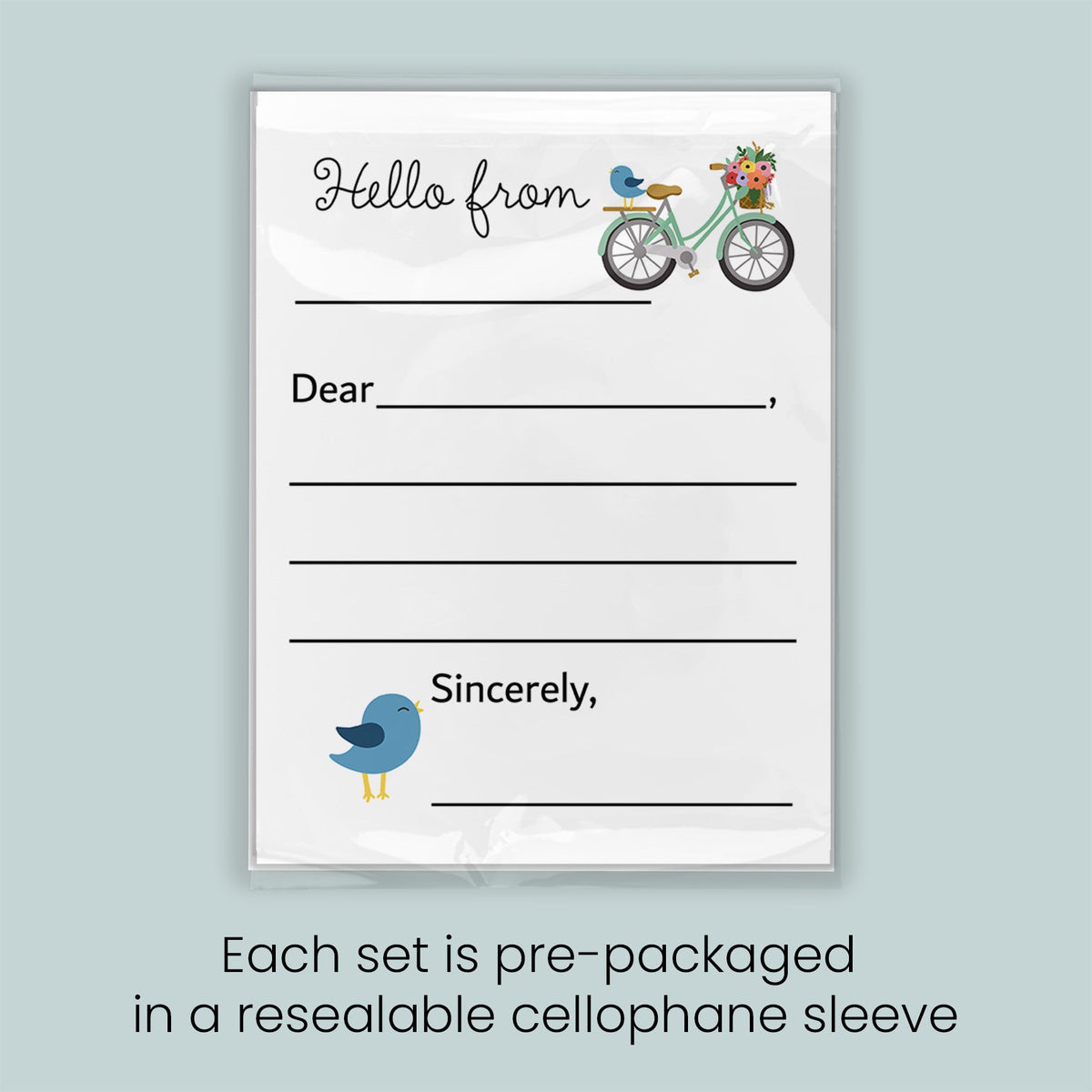 The image is a pre-packaged greeting card with a bicycle and a bird on it, and it is pre-packaged in a resealable cellophane sleeve. Each set is pre-packaged in a resealable cellophane sleeve.