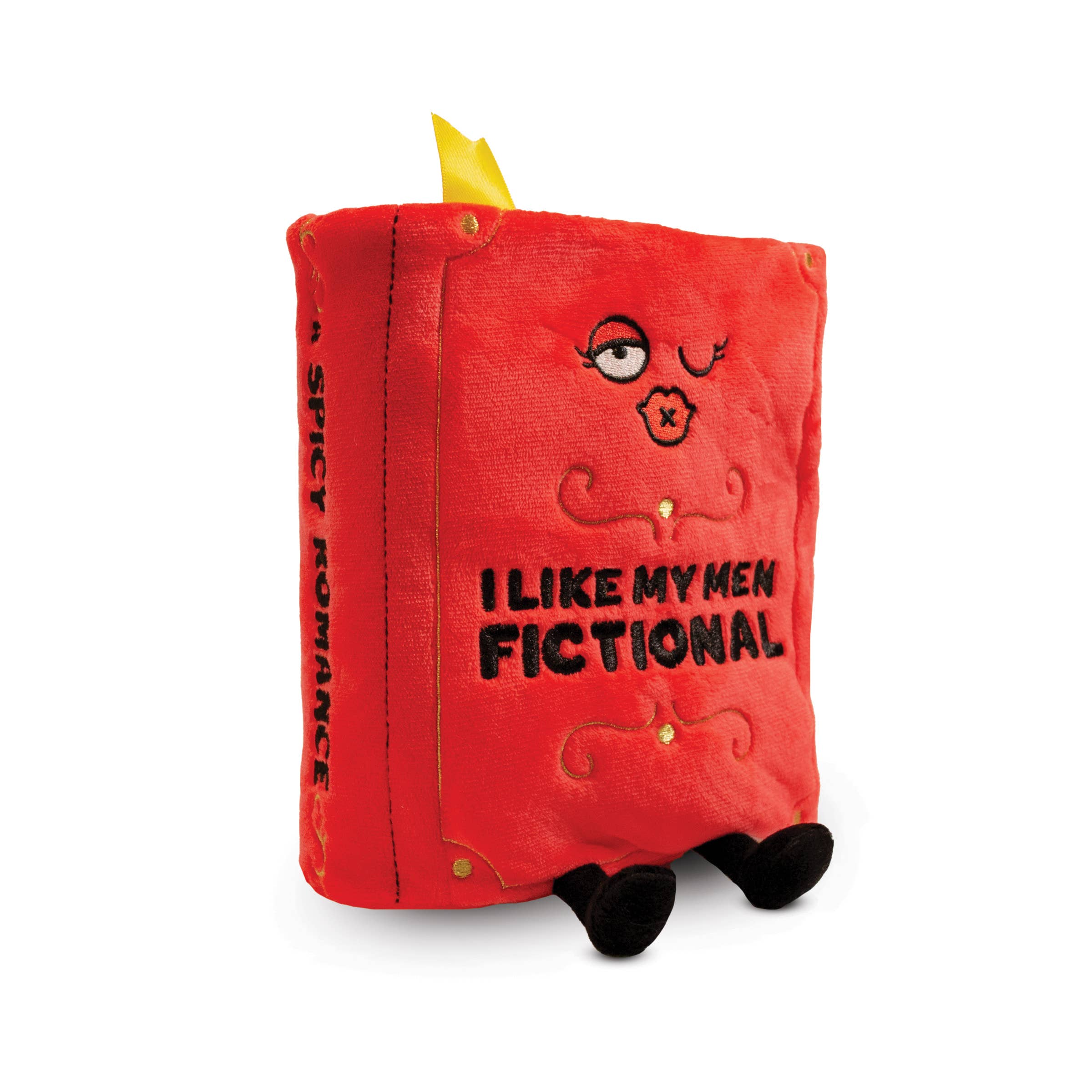 Red plush book with a face and text on a white background