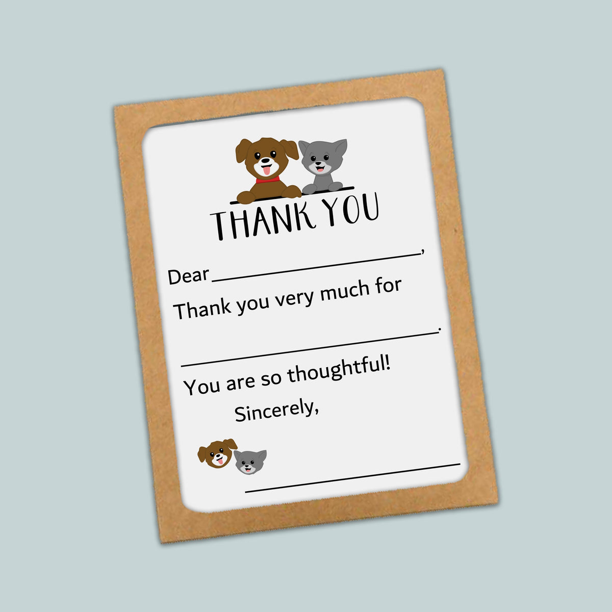 The image is a brown card with a white background, featuring a cartoon image of a dog and a cat. The card has a message that reads "THANK YOU" and includes a personal note expressing gratitude.