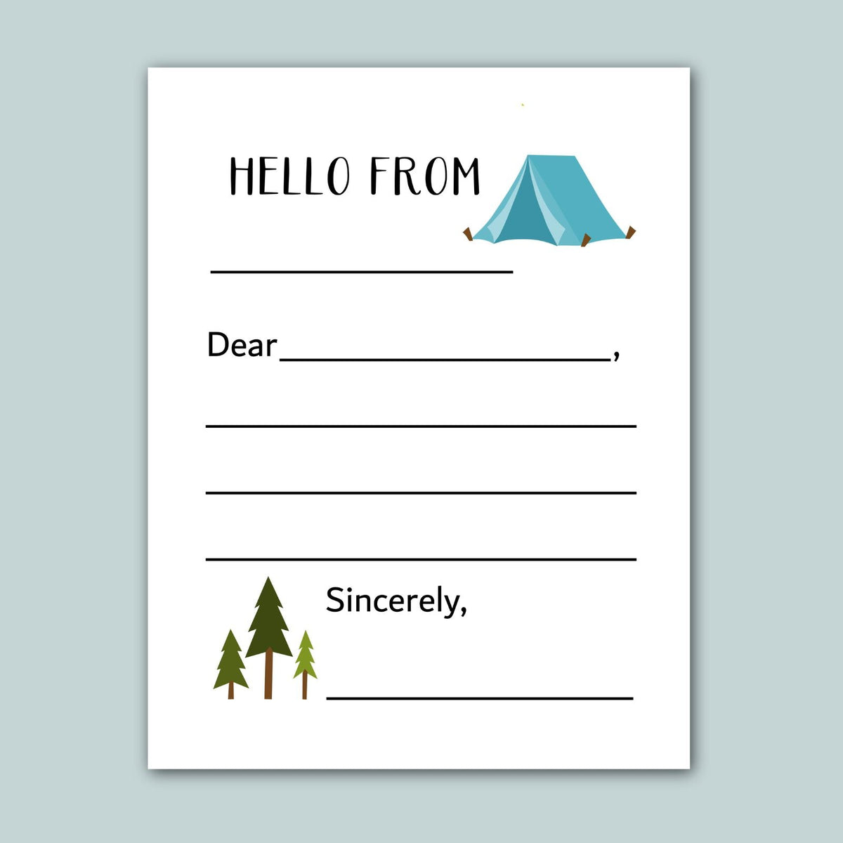 a letter addressed to someone, with a camping tent and pine trees as the main elements. The letter appears to be a handwritten note, with the message "Hello from" written at the top.