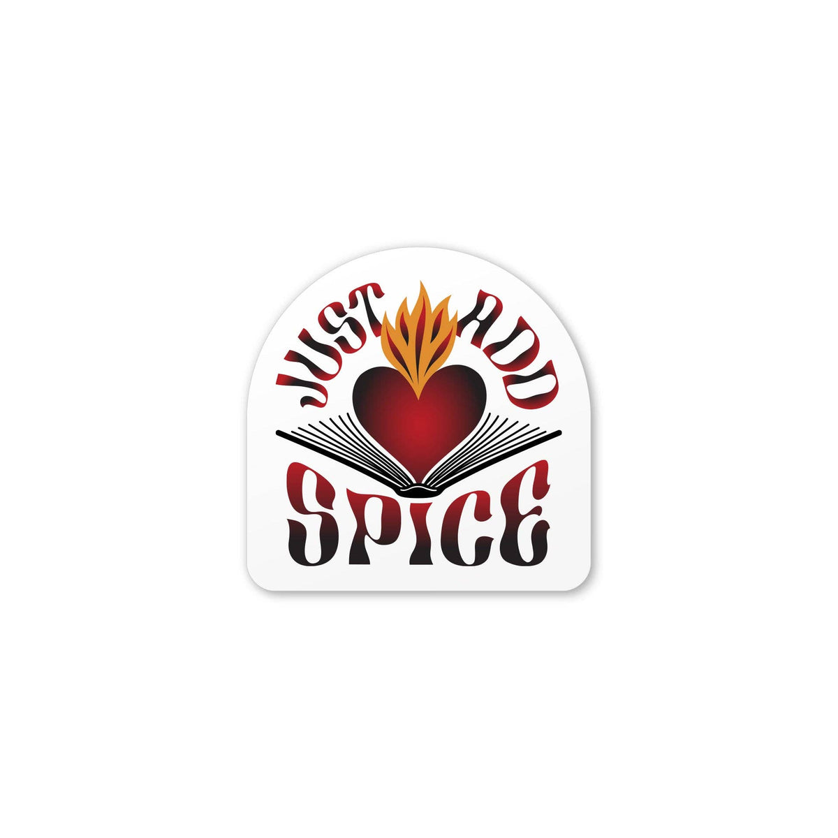 A die-cut sticker with a white background featuring a stylized red heart, open book, and flames with the text &