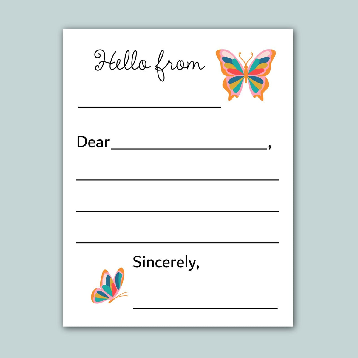 a blank letter or card with a butterfly illustration on the top right corner. The letter has a blank space for the recipient&
