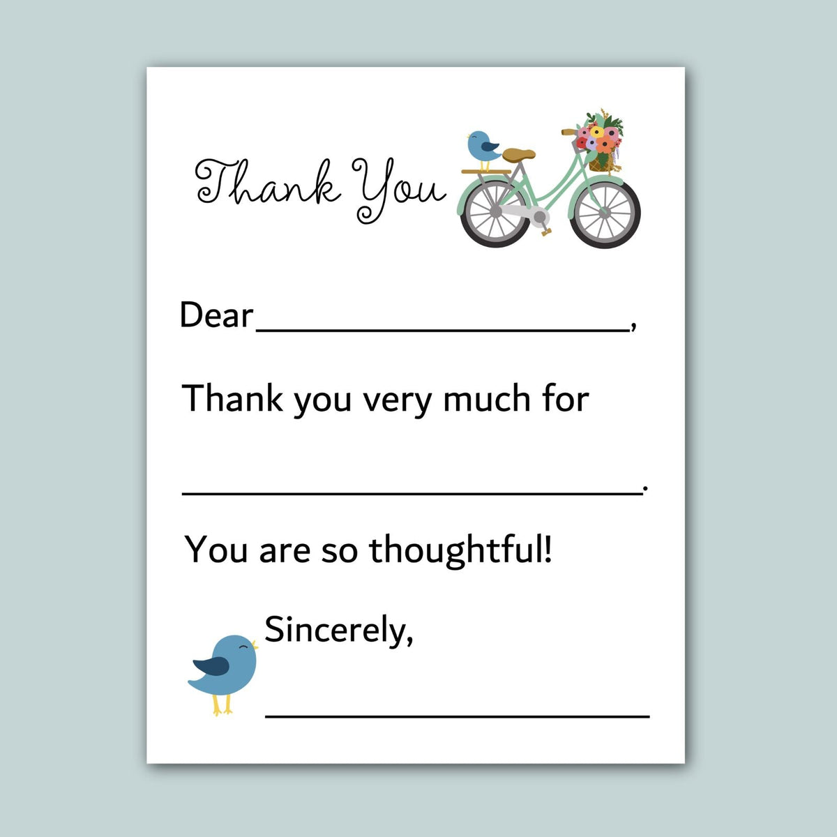 a handwritten note with a bicycle and flowers, along with a bird illustration. The note expresses gratitude and thanks for something, with the recipient&