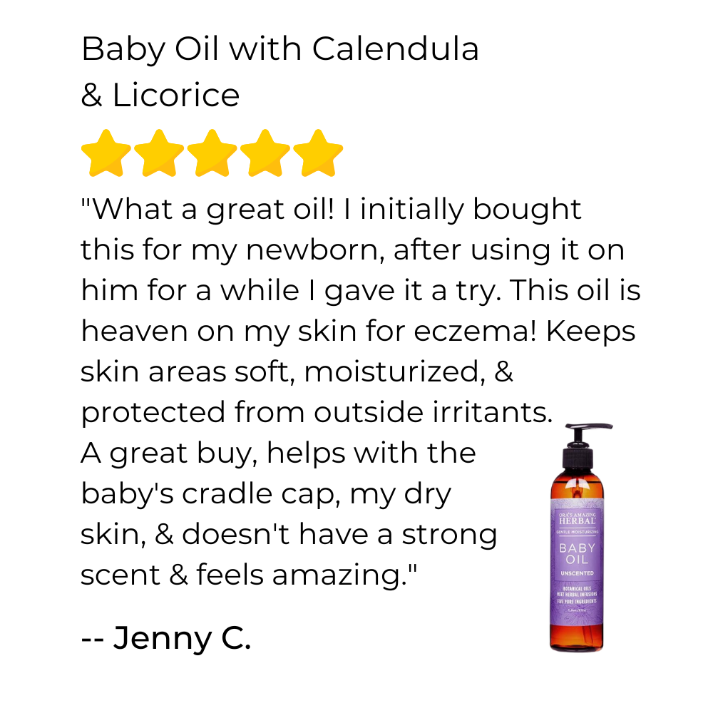 Product review for baby oil with calendula and licorice, featuring a five-star rating and a bottle of the product on a white background.