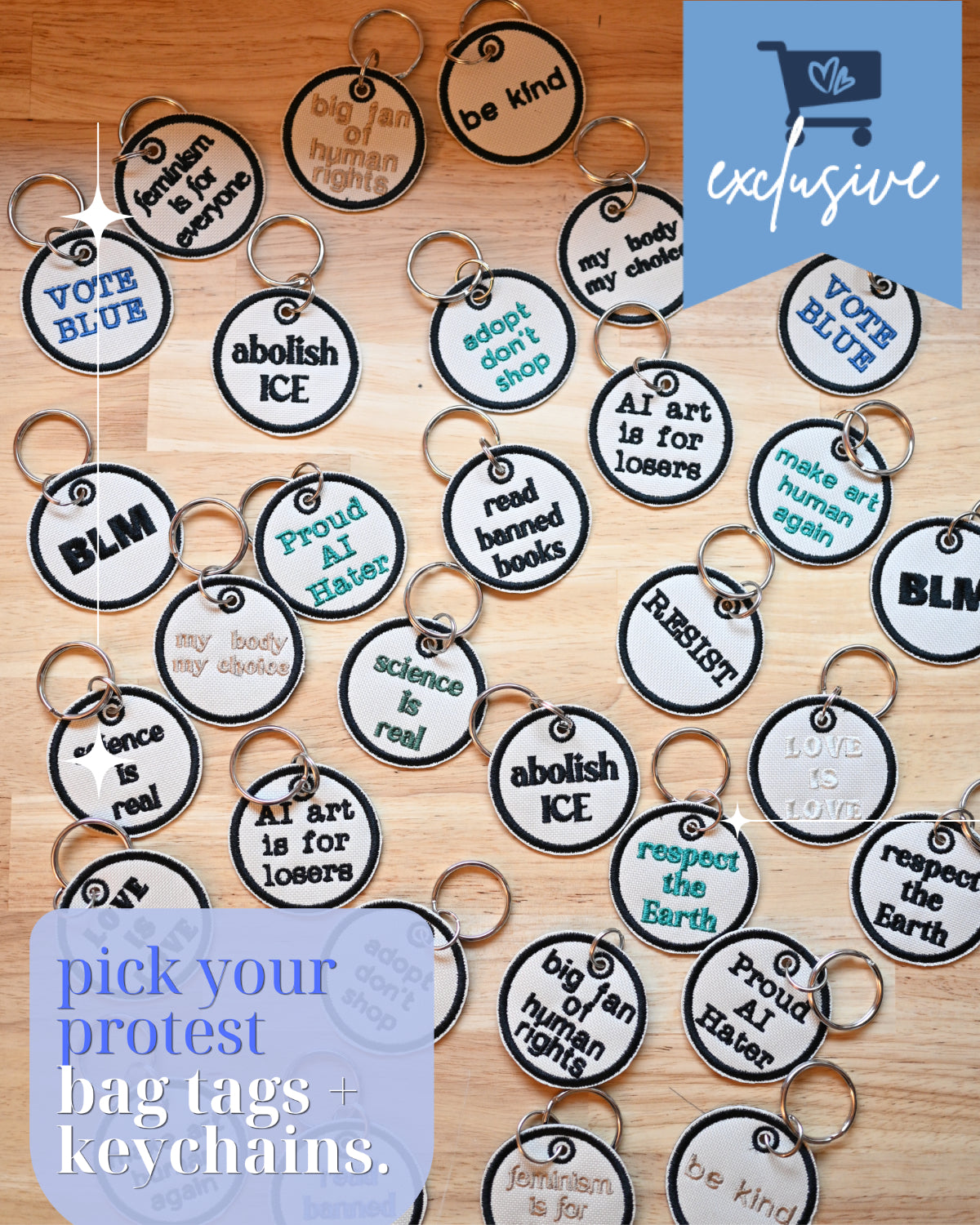 Pick Your Protest Bag Tags & Keychains - CIRCLE SHAPE- $5 to Defending Our Neighbor&