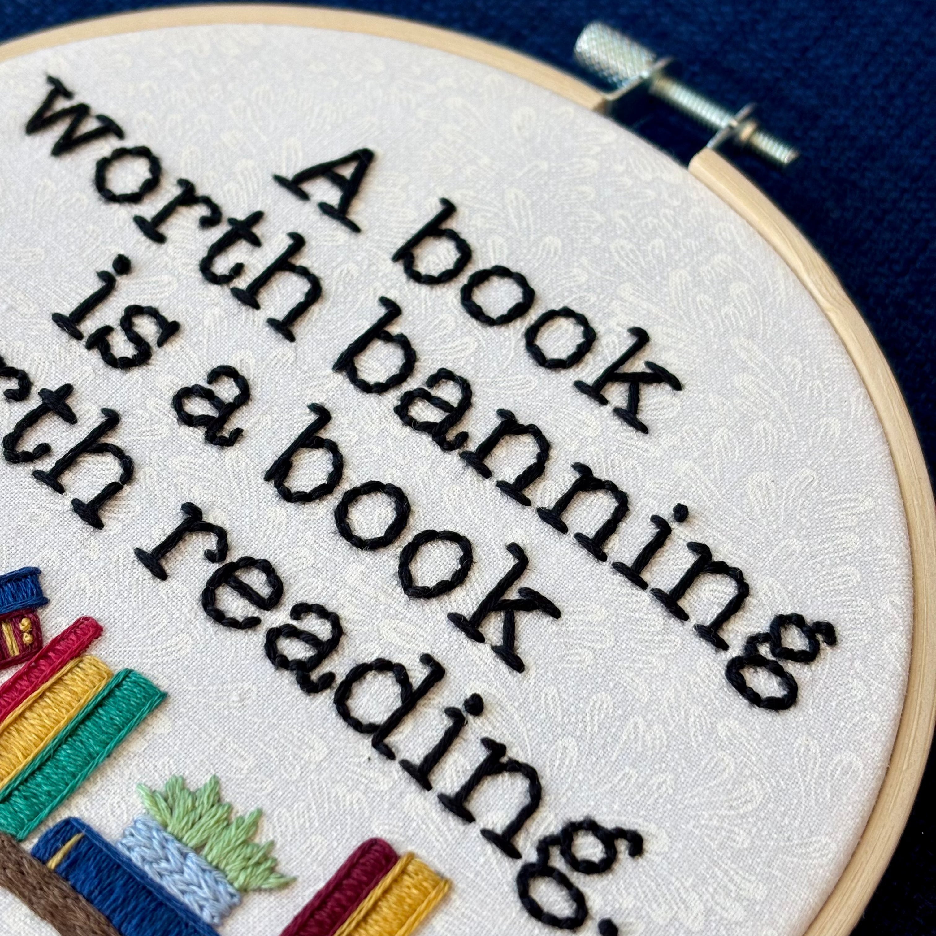 Banned Books Hand Embroidery Pattern: Snarky Quote, Bookshelf, Plant (PDF Digital Download)