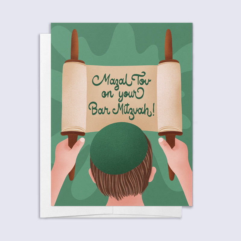Greeting card with a person holding Torah scrolls and &