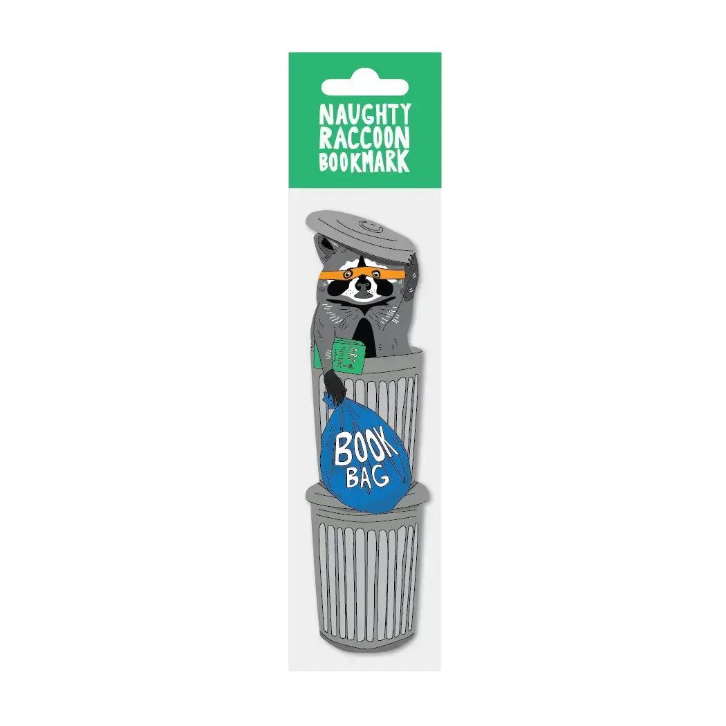 Bookmark with raccoon design in a trash can, labeled &