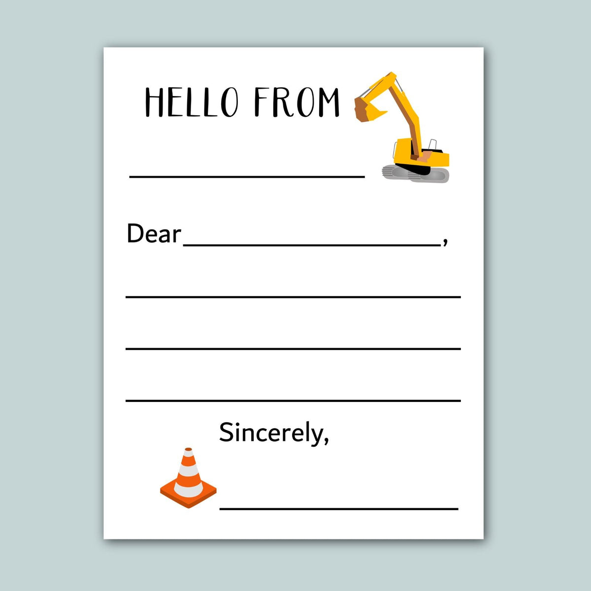 a construction-themed letterhead with a construction vehicle illustration, a blank space for a message, and a traffic cone illustration. The letterhead has a simple, clean design with a white background and black text.