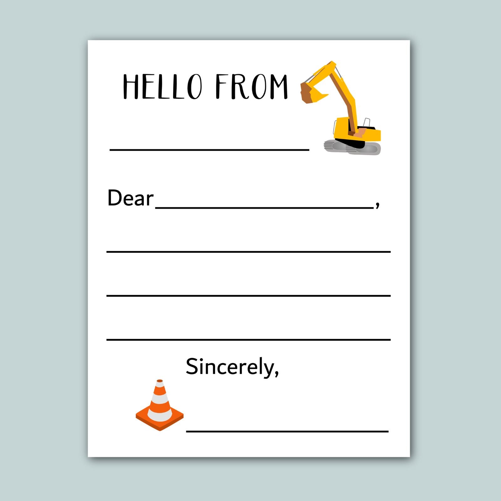 a construction-themed letterhead with a construction vehicle illustration, a blank space for a message, and a traffic cone illustration. The letterhead has a simple, clean design with a white background and black text.