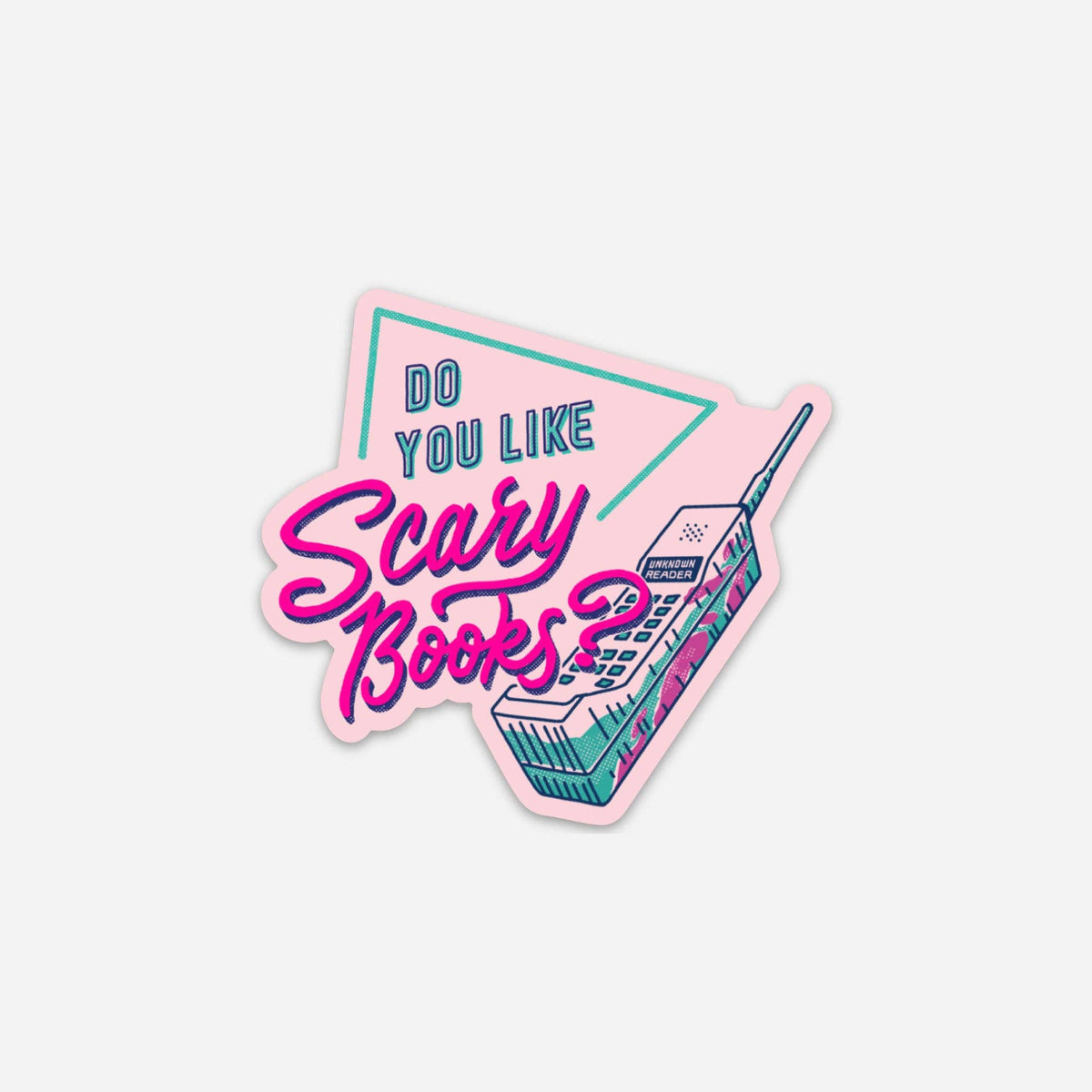 A die-cut sticker featuring retro-style pink and teal text that reads &