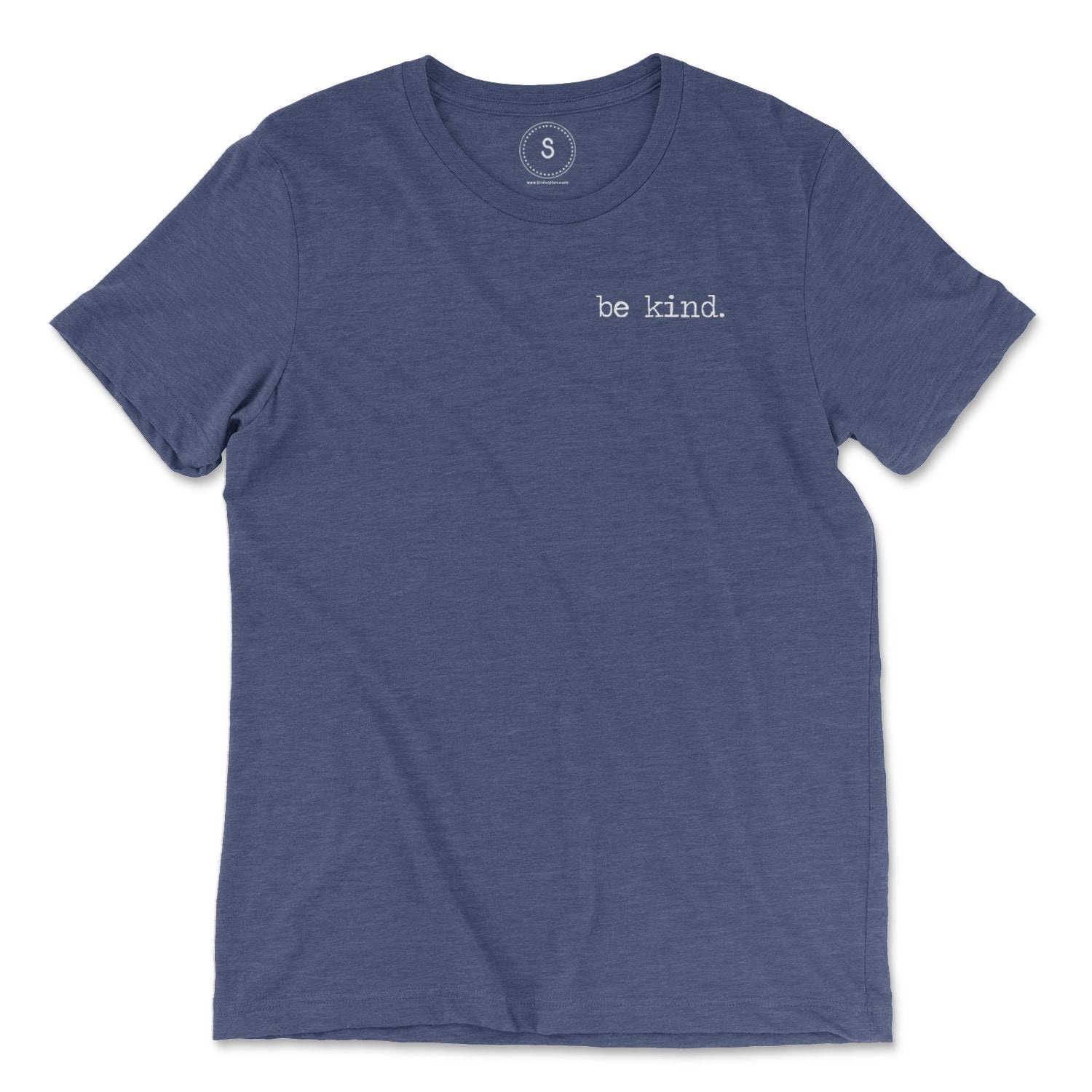 Navy blue premium heather short sleeve tee with small white "be kind." embroidery on left chest