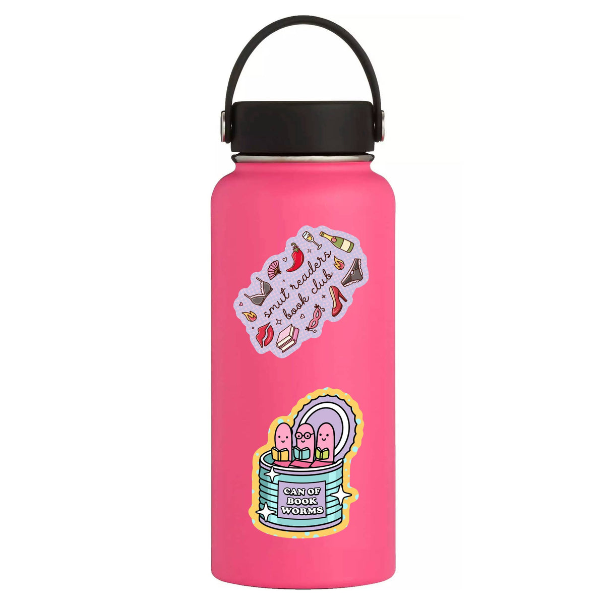 Pink water bottle with stickers on a white background